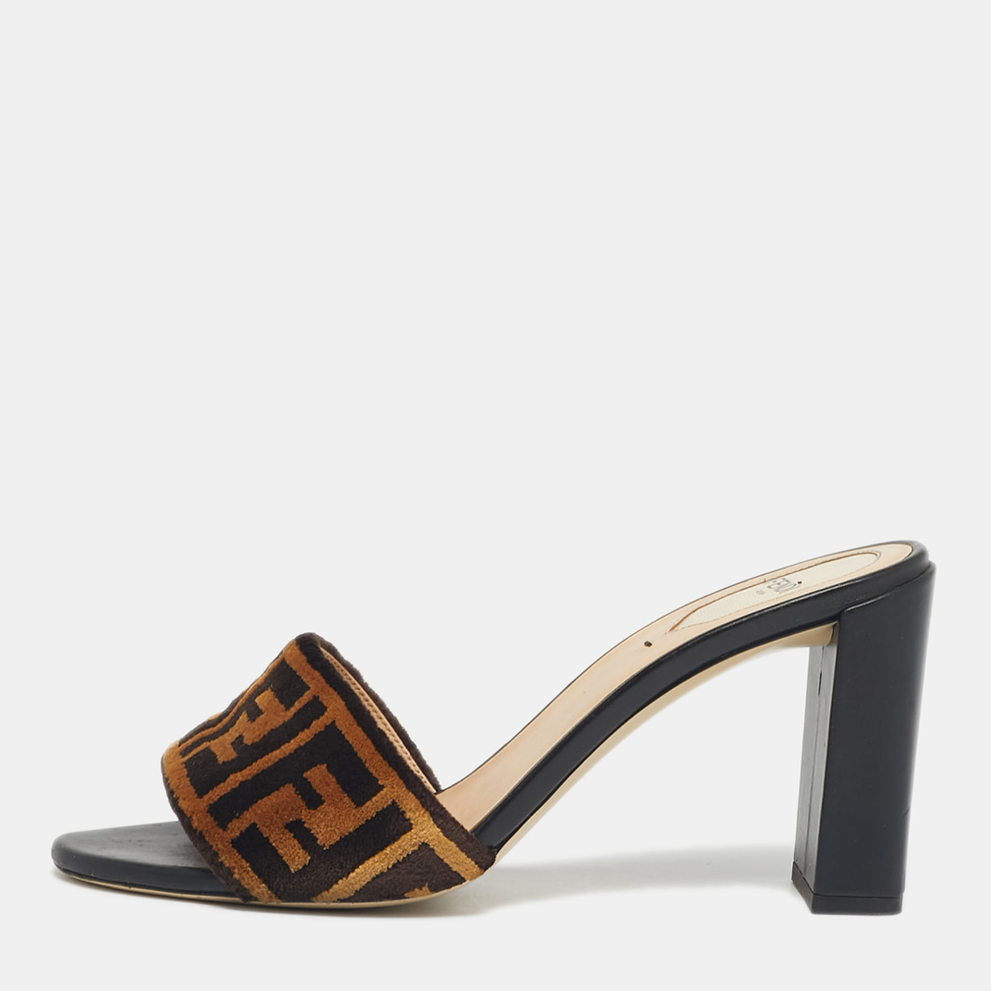 

Fendi Black/Brown FF Velvet Slide Sandals Size