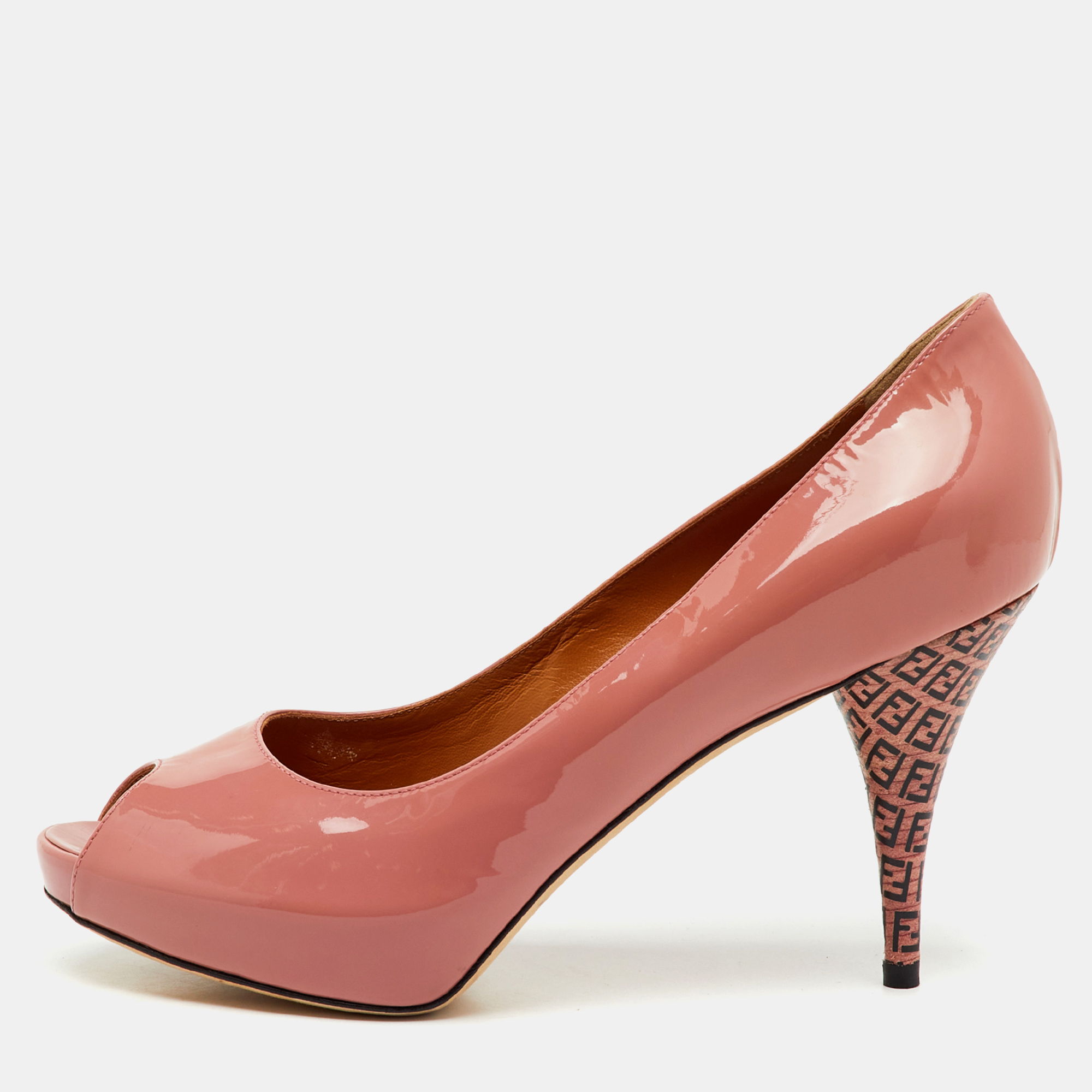 Pre-owned Fendi Rose Pink Patent Leather Zucca Heel Peep Toe Platform Pumps Size 39