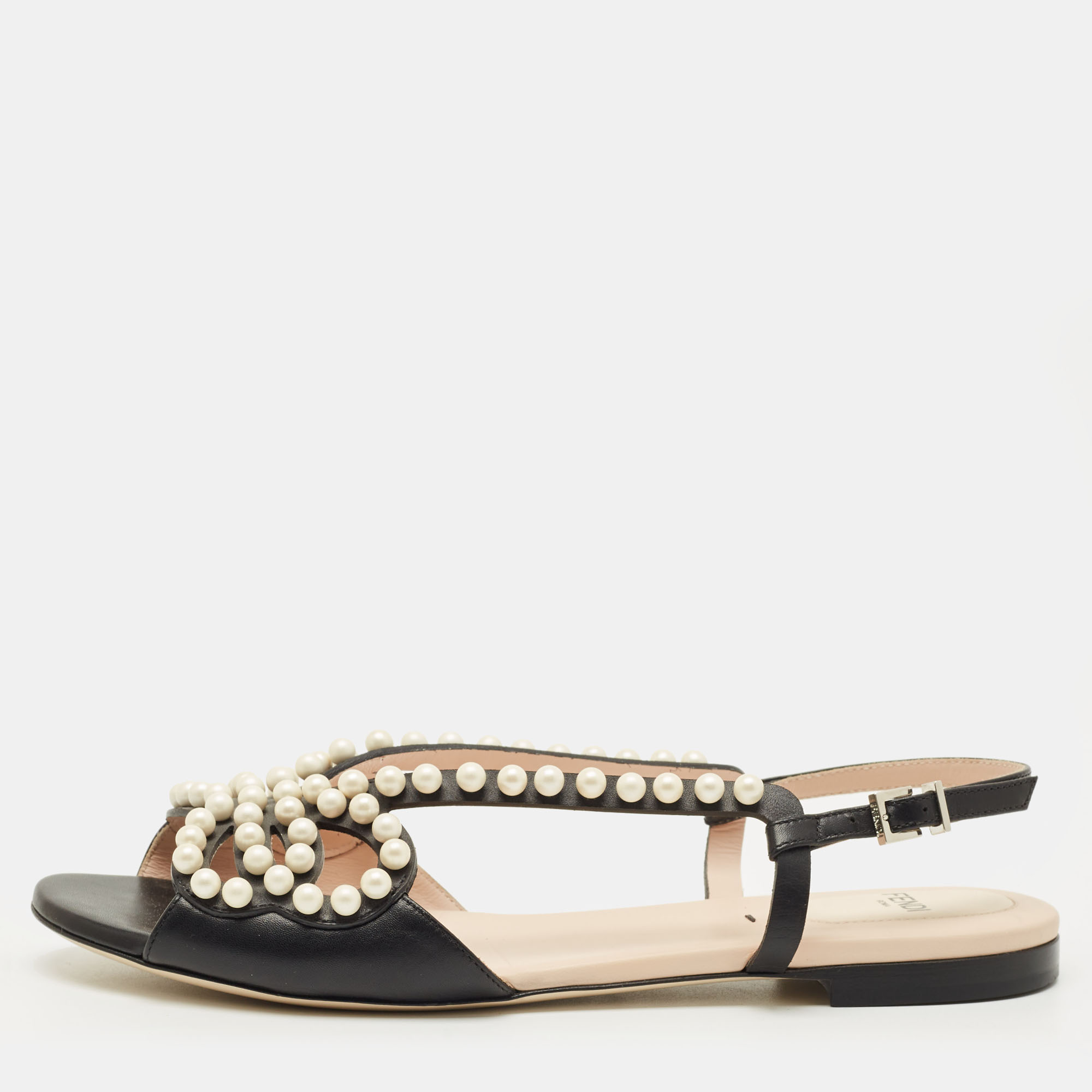 

Fendi Black Leather Pearl Embellished Flat Sandals Size