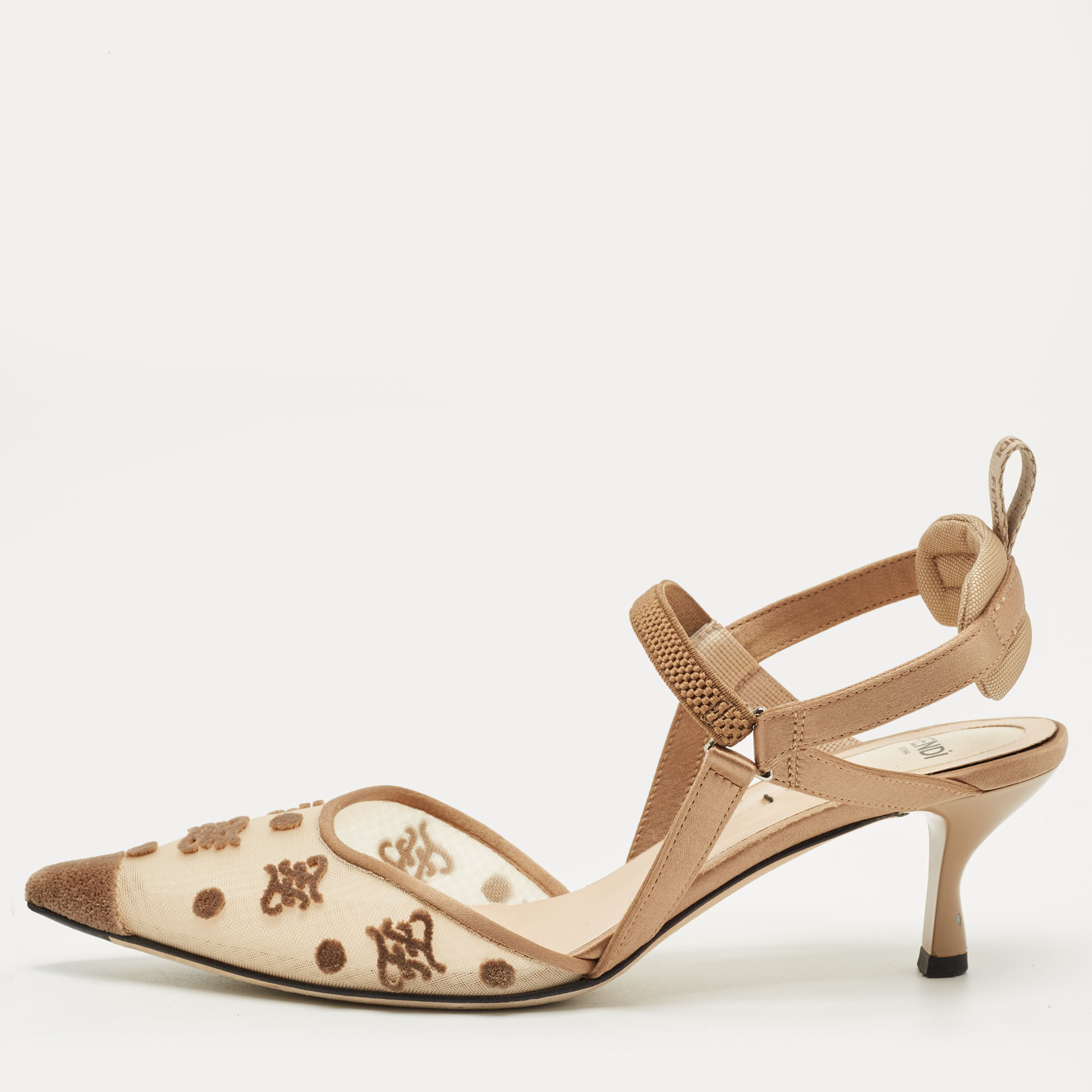 

Fendi Brown/Beige Satin and Velvet Colibri Slingback Pumps Size