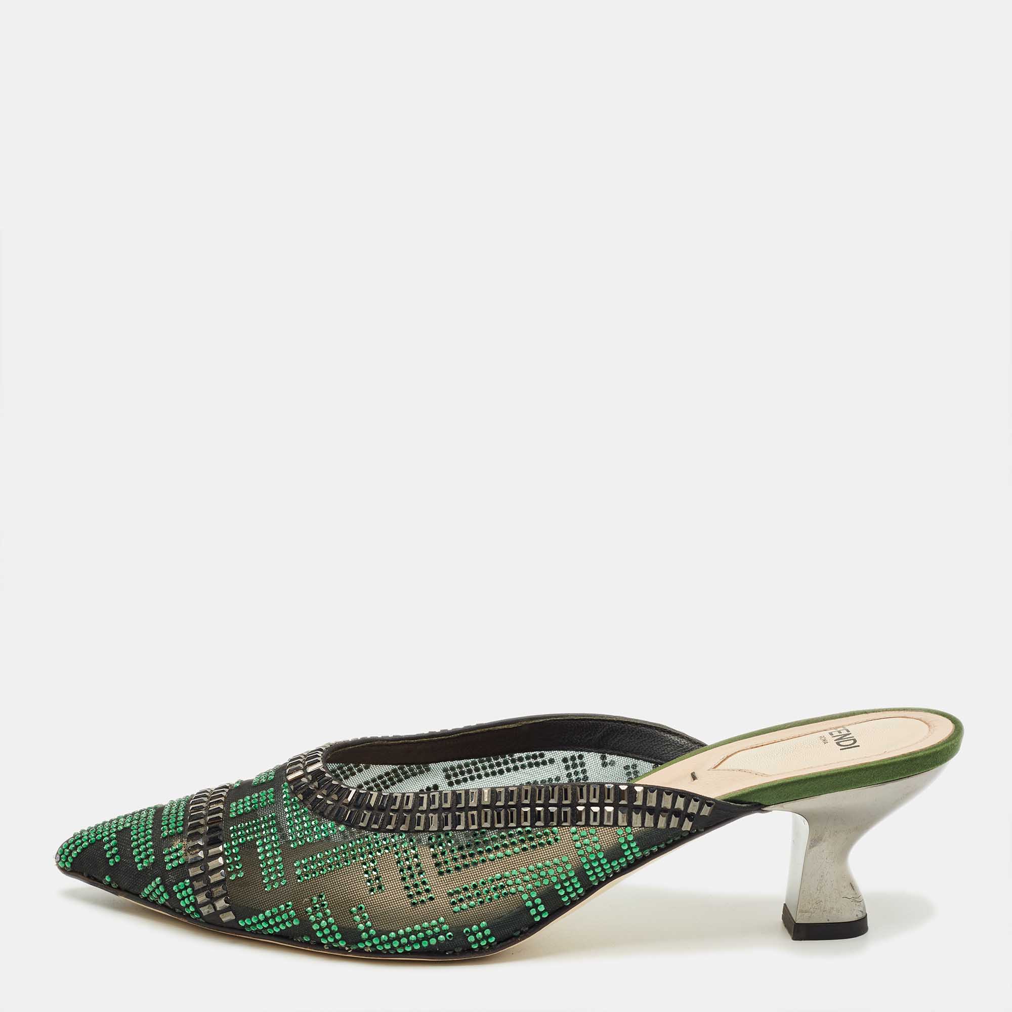 

Fendi Green/Black Mesh Crystal Embellish Colibri Mules Size