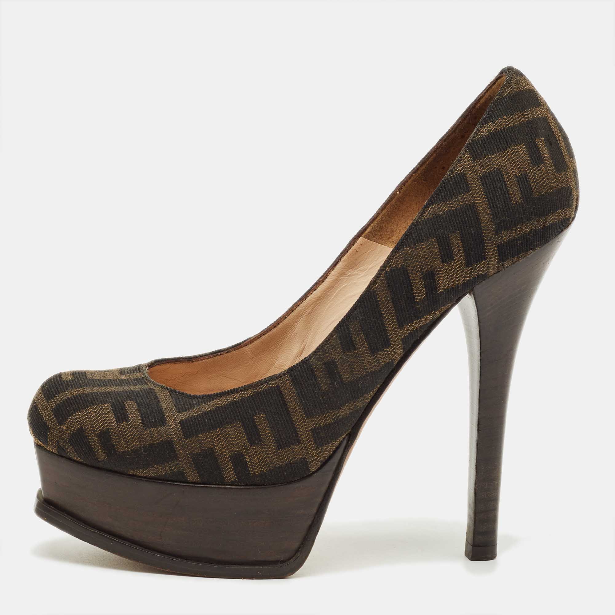 

Fendi Brown Zucca Canvas Fendista Platform Pumps Size