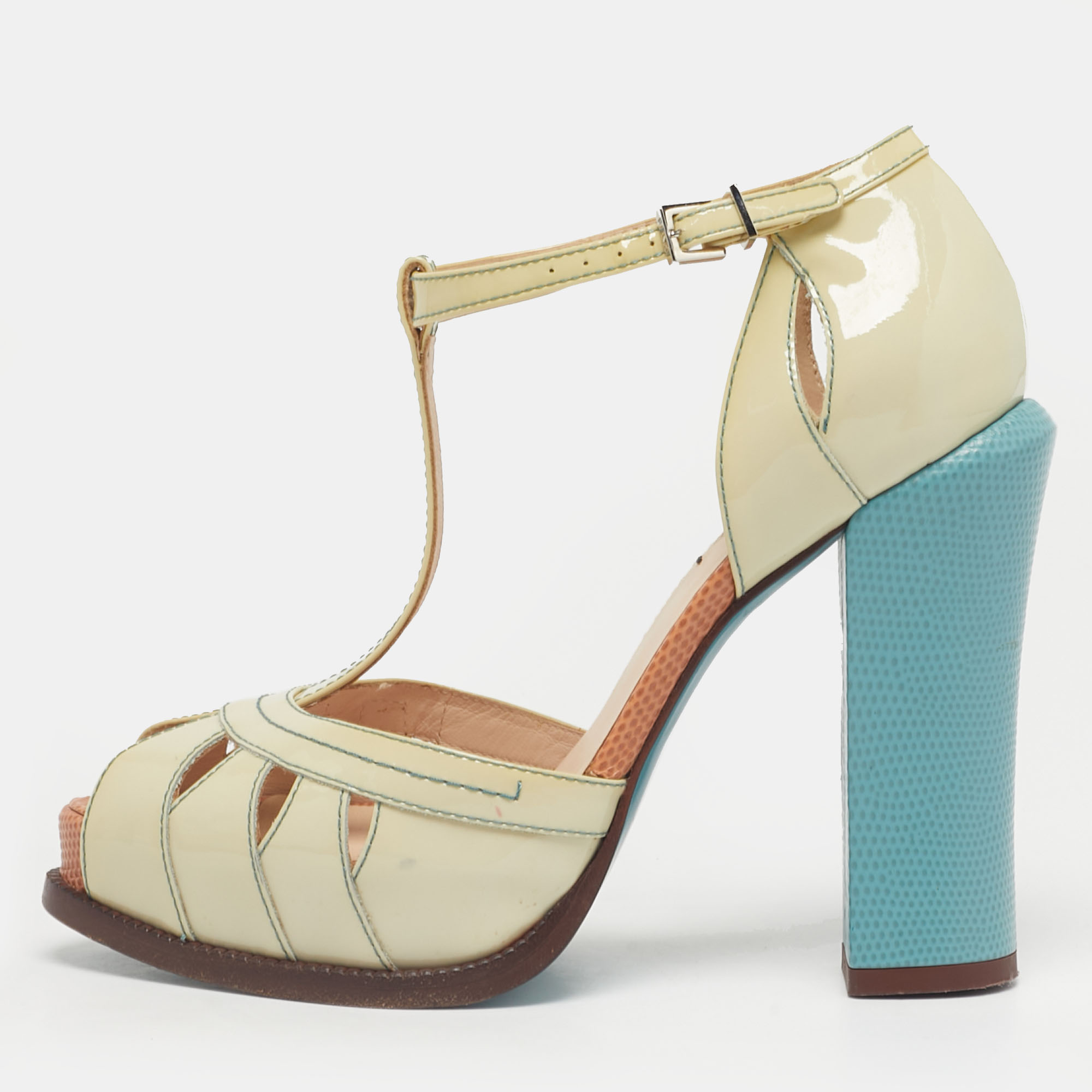 

Fendi Beige/Blue Patent Leather Cut Out T-Strap Platform Sandals Size, Grey