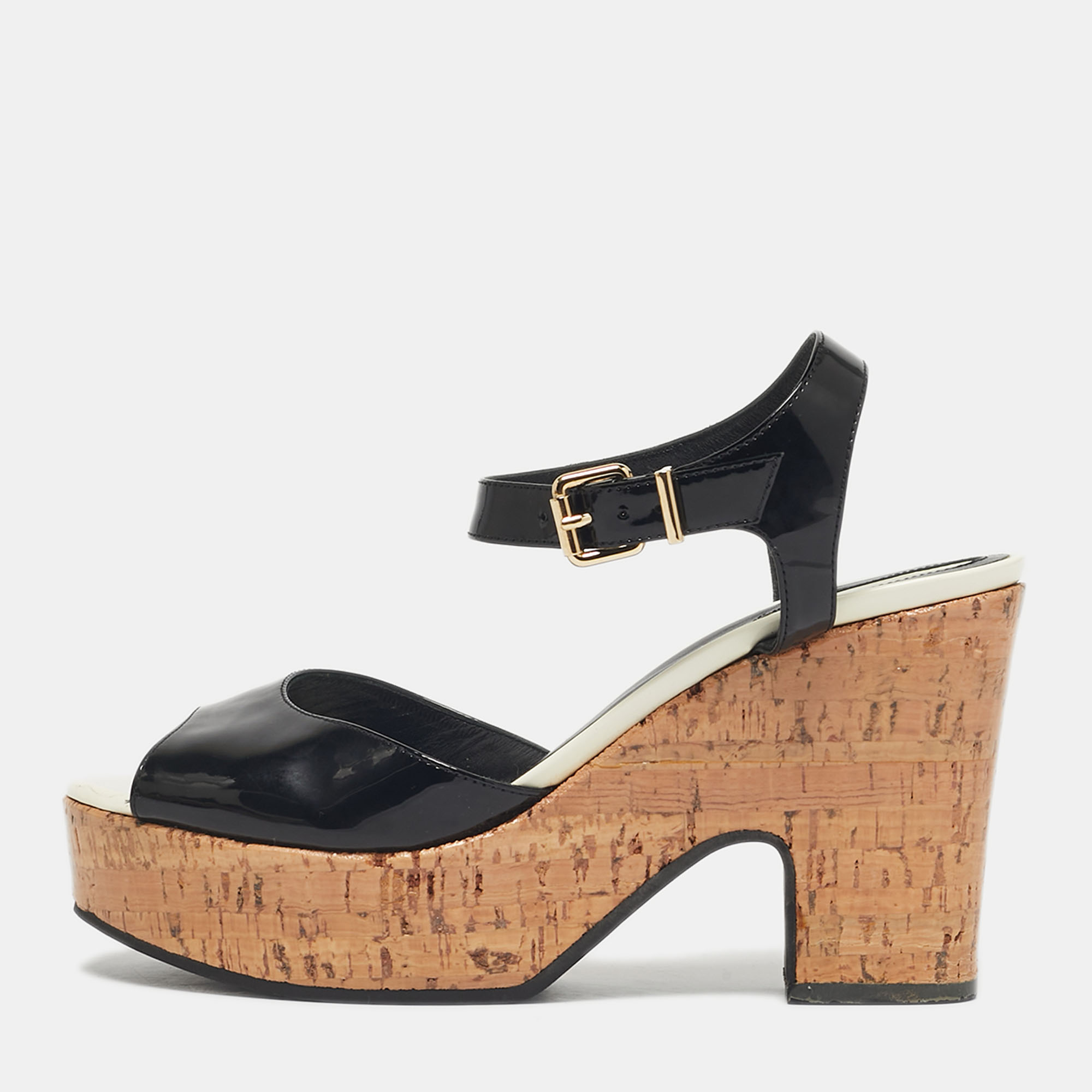 Pre-owned Fendi Black Patent Leather Cork Wedge Sandals Size 38.5