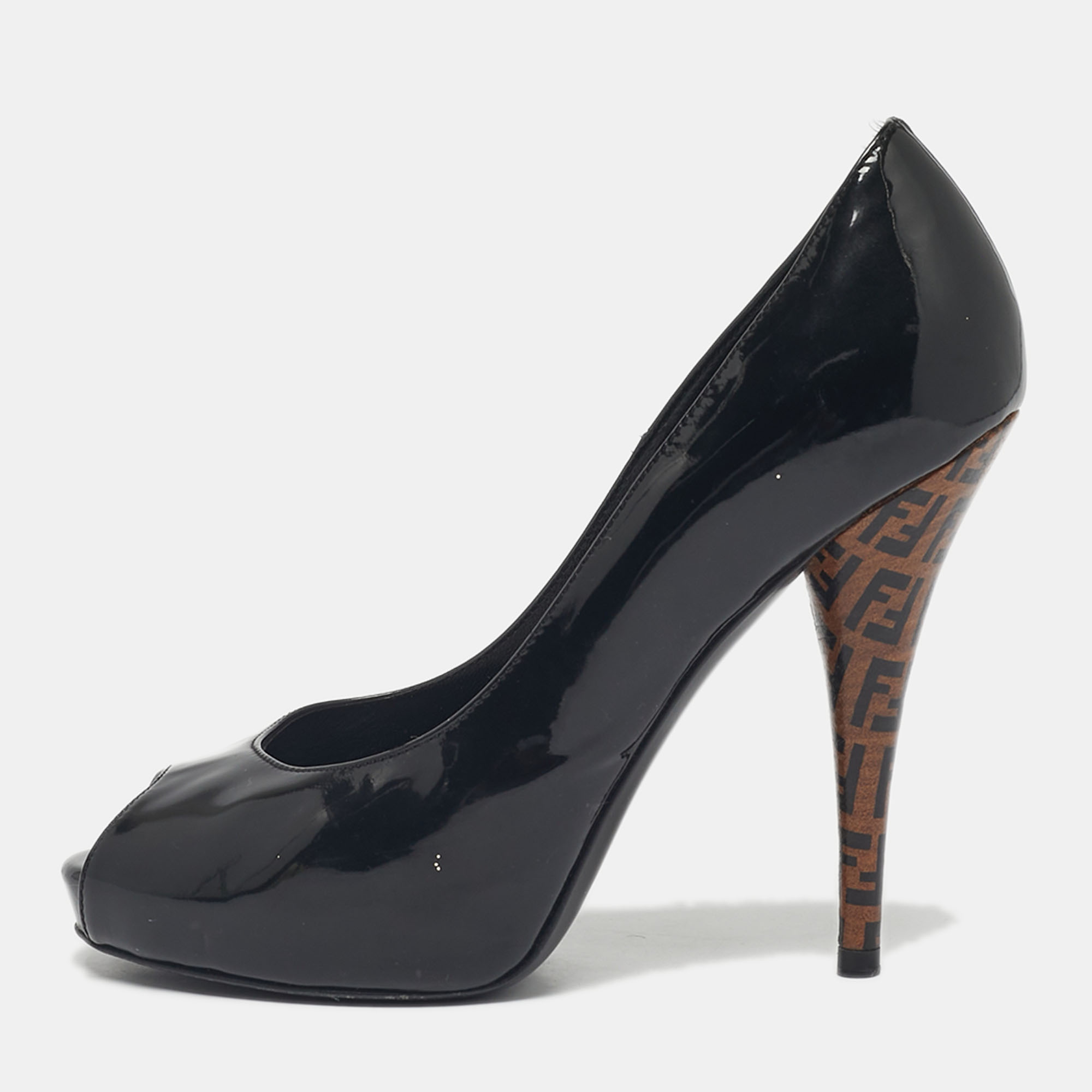 

Fendi Black Patent Leather FF Heels Peep Toe Platform Pumps Size