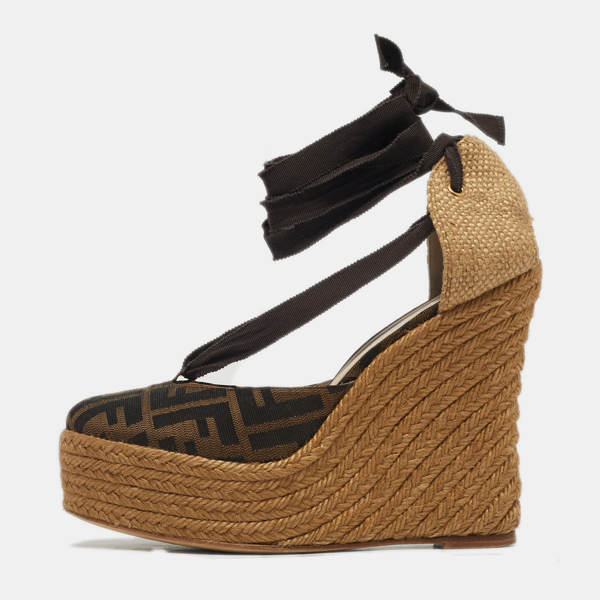 

Fendi Brown Zucca Canvas Espadrille Wedge Sandals Size