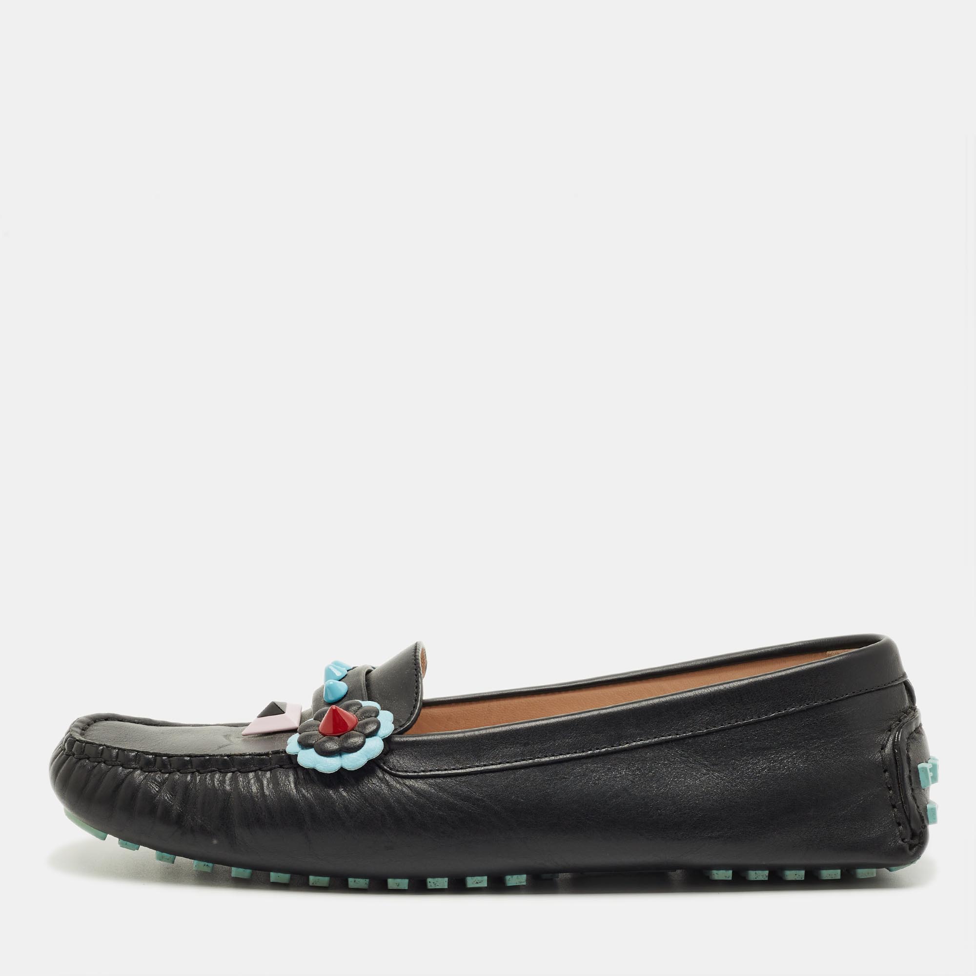 

Fendi Black Leather Studded Flowerland Loafers Size
