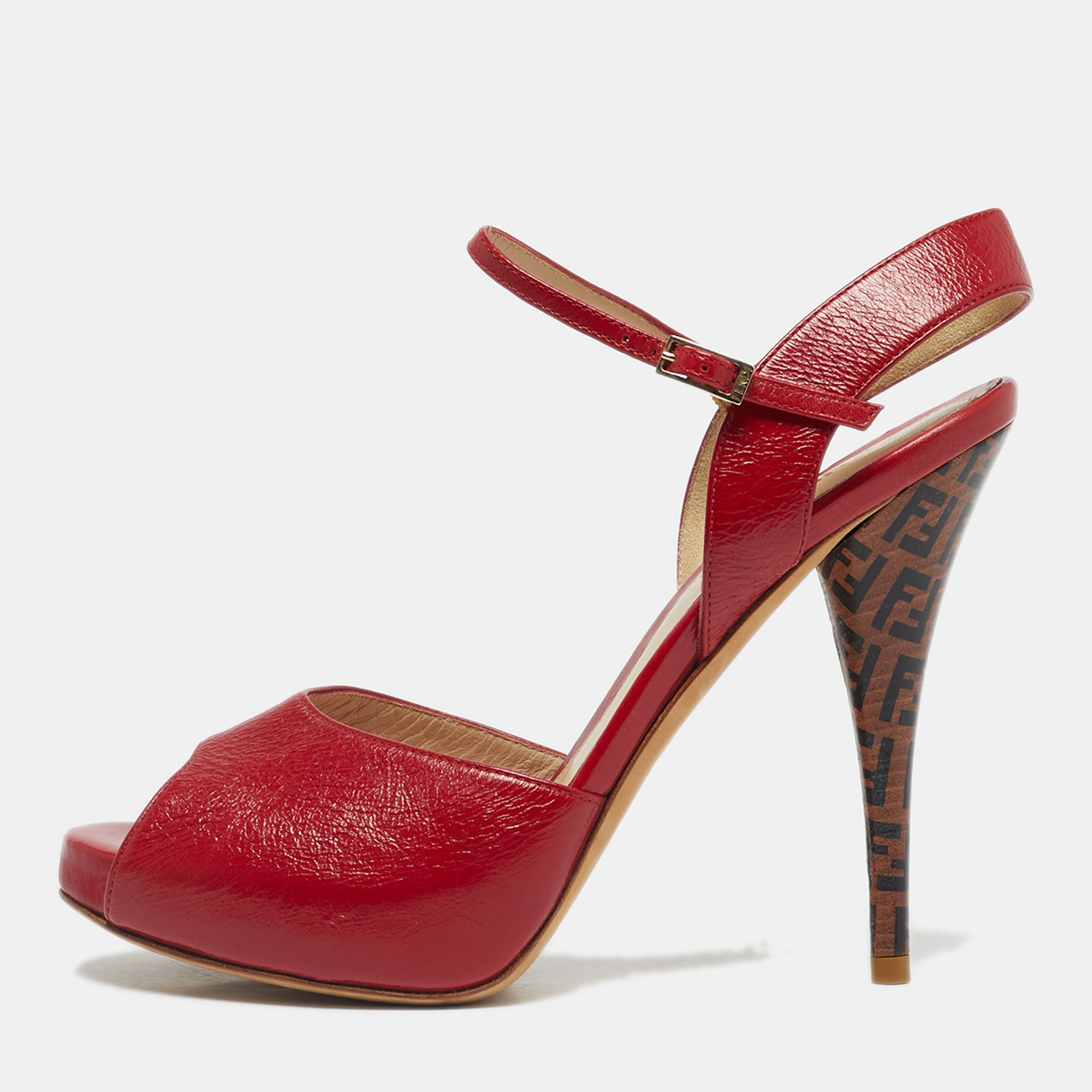

Fendi Red Leather Zucca Print Heel Peep Toe Ankle Strap Sandals Size