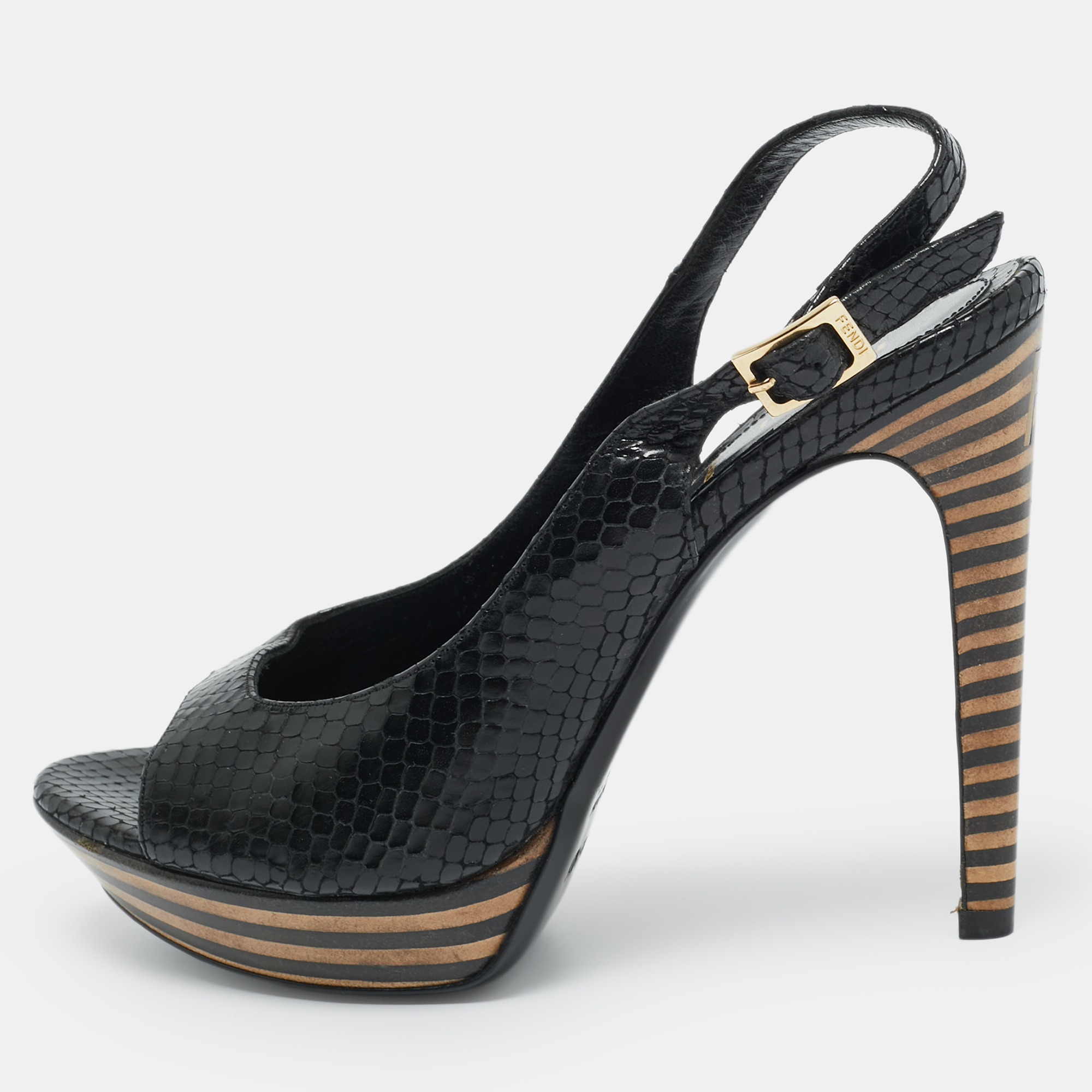 

Fendi Black Python Embossed Leather Ankle Strap Sandals Size