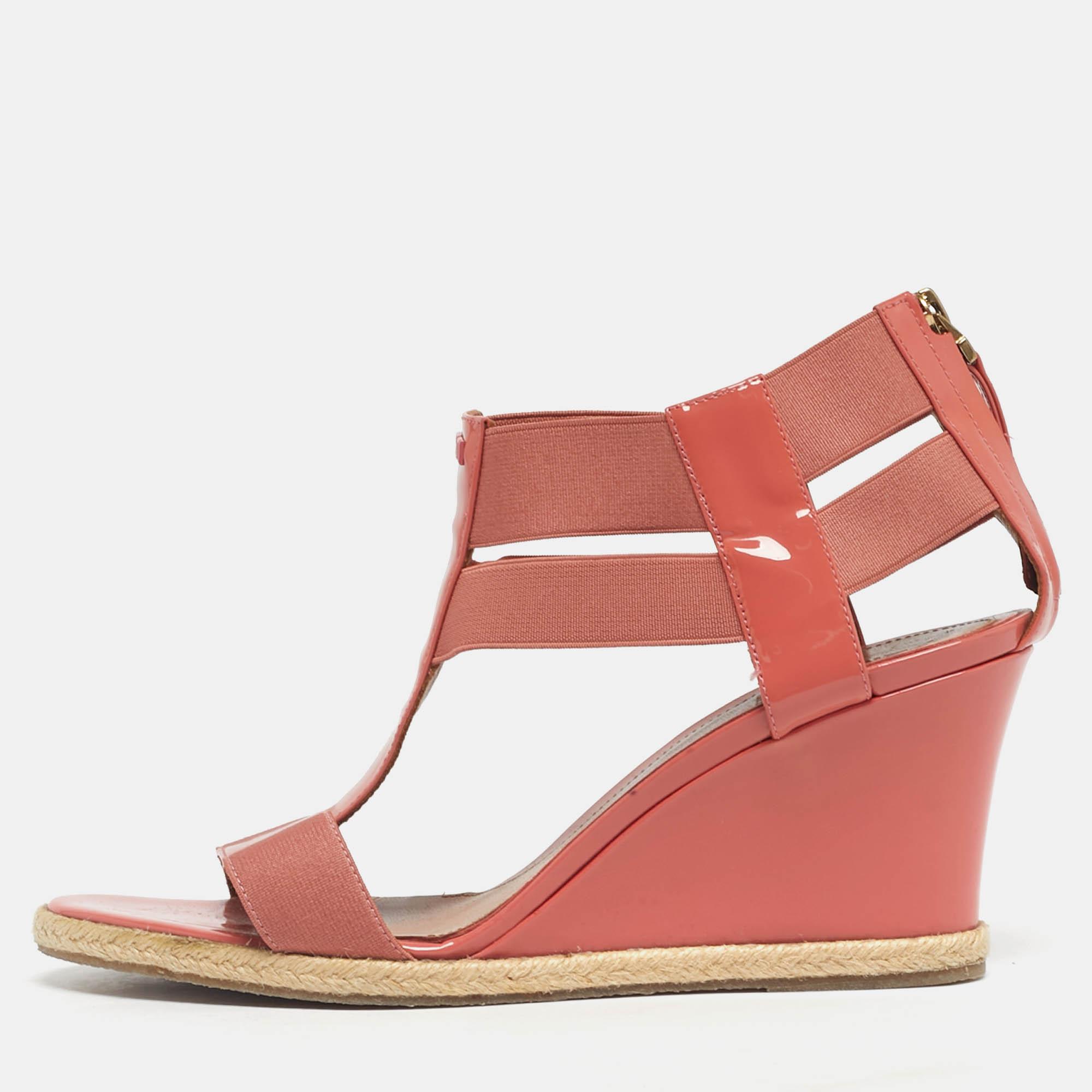 Pre-owned Fendi Coral Patent Leather And Elastic Fabric T-strap Espadrille Wedge Sandals Size 37.5 In Pink