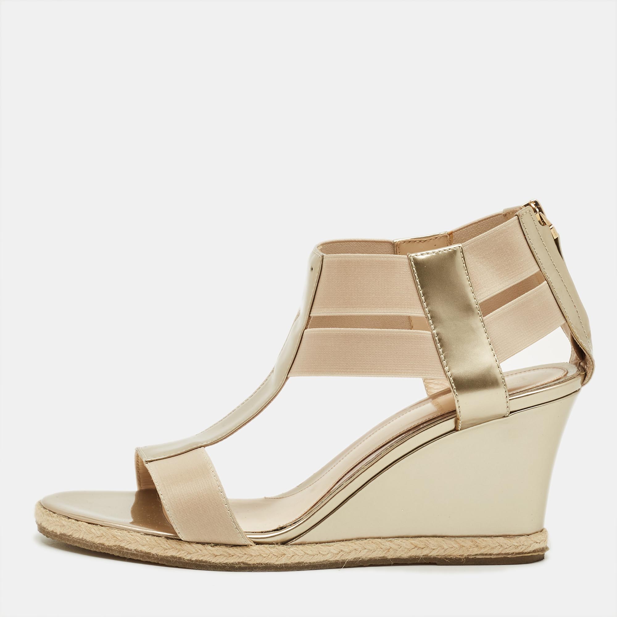 Pre-owned Fendi Beige Elastic And Patent Leather T-strap Wedge Espadrille Sandals Size 38