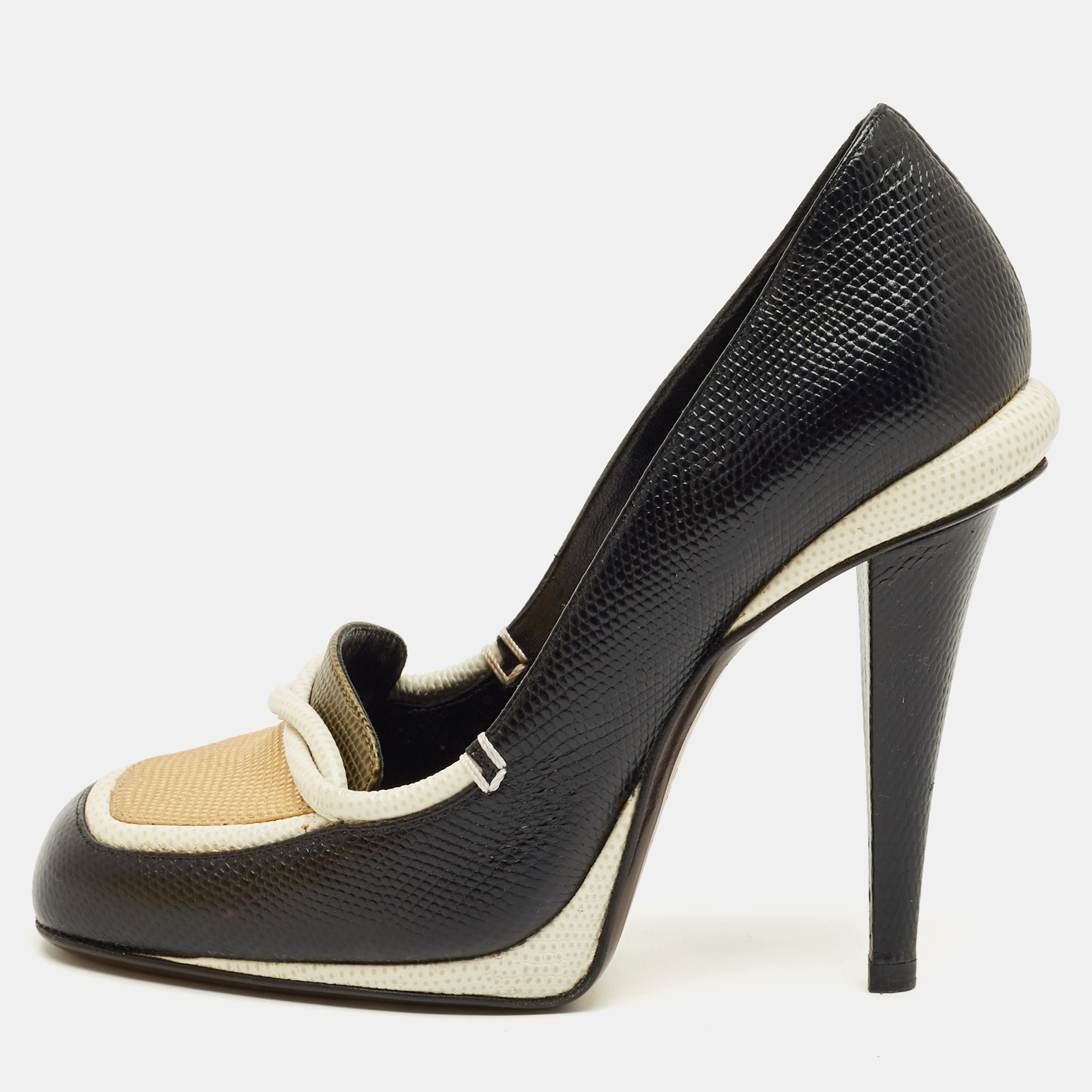 

Fendi Black/White Lizard Embossed Leather Pumps Size