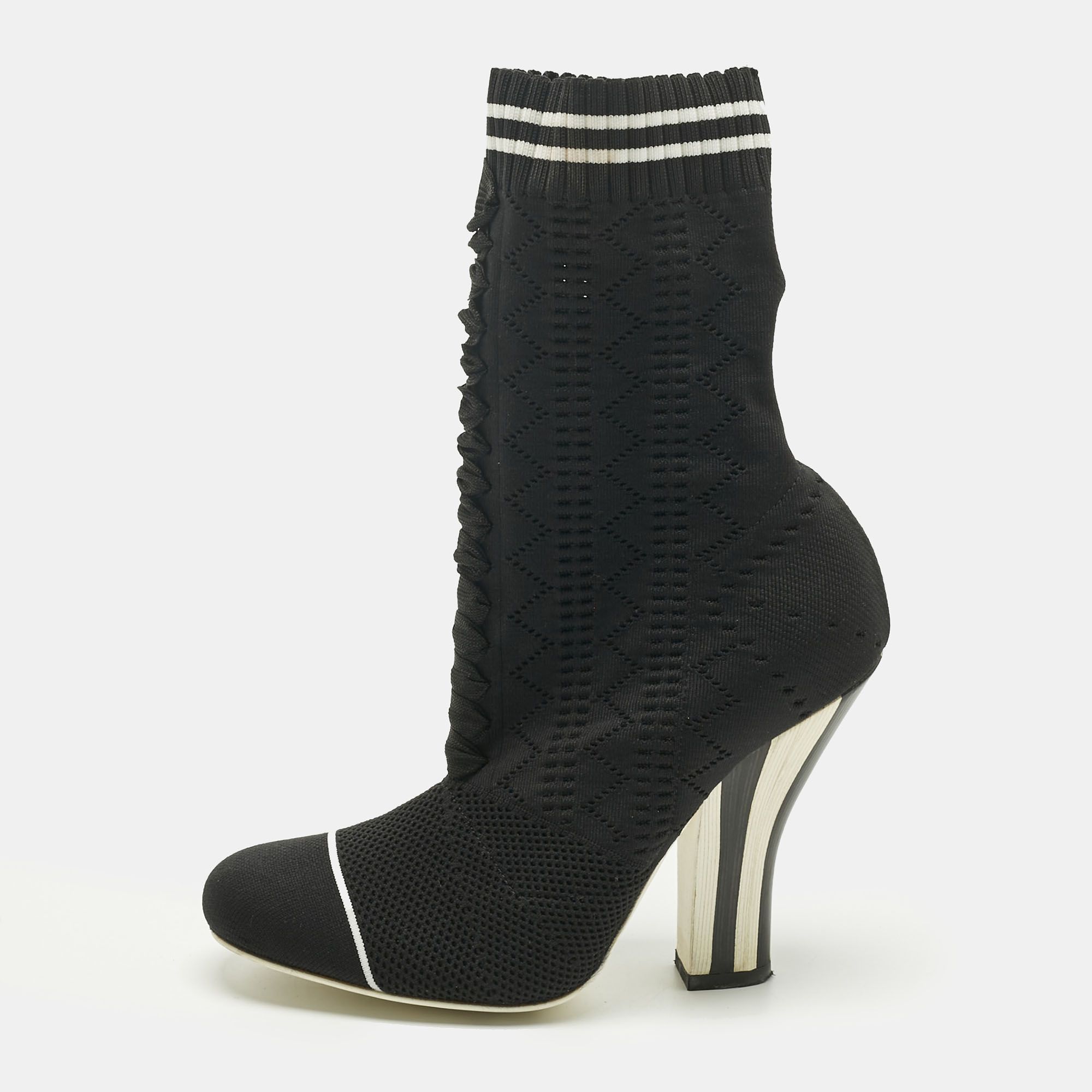 Pre-owned Fendi Black Knit Fabric Rockoko Ankle Length Boots Size 37