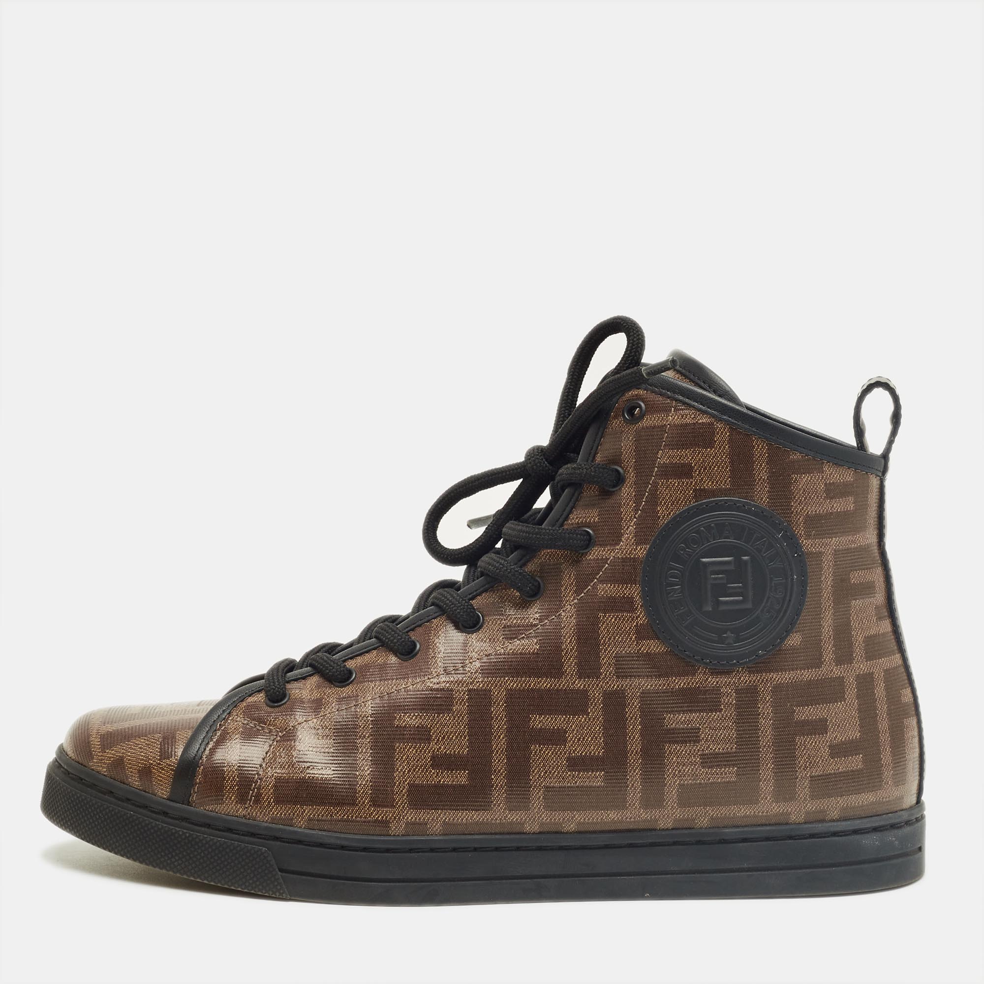 

Fendi Brown Zucca Coated Canvas Lace up High Top Sneakers Size
