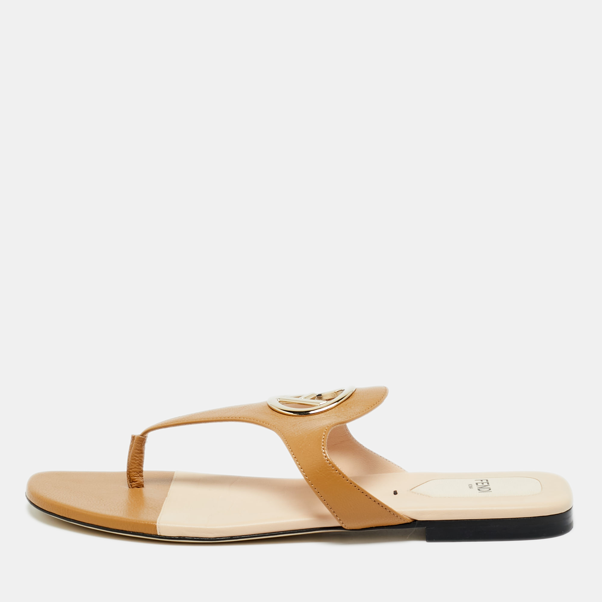 FENDI Pre-owned Brown Leather F Logo Thong Flats Size 38