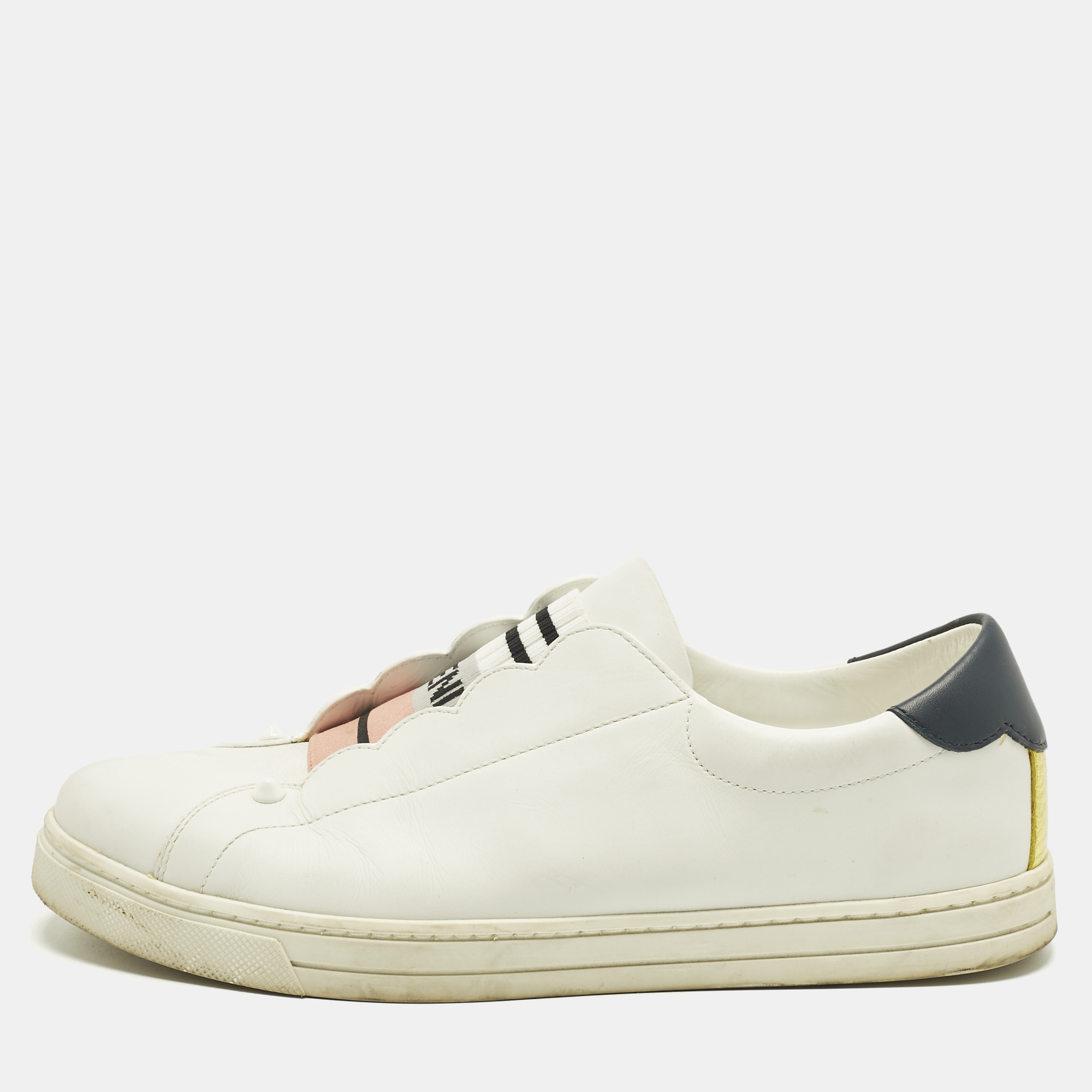 Pre-owned Fendi White Leather Logo Knit Rockoko Scallop Detail Slip On Sneakers Size 39.5
