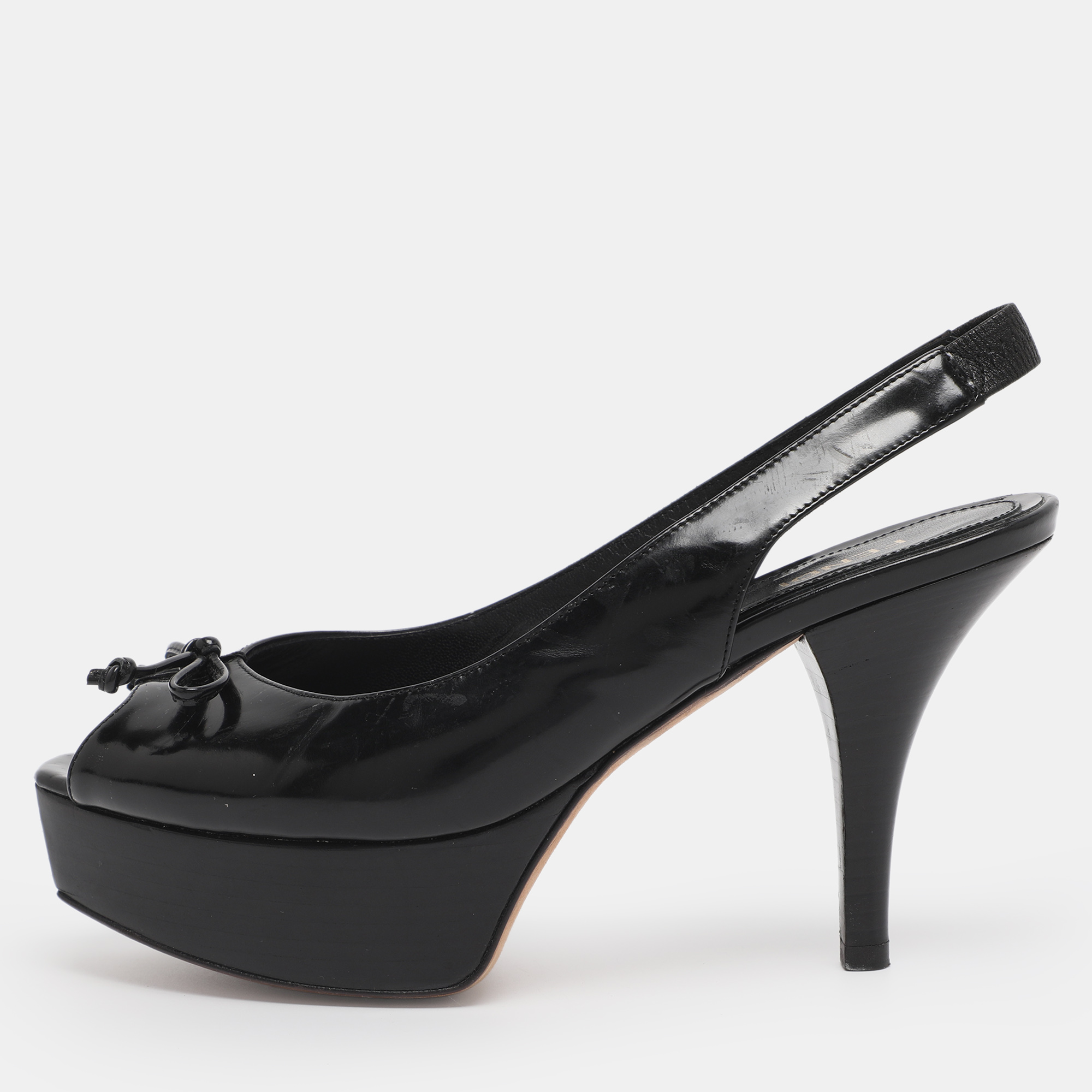 

Fendi Black Leather Fendista Platform Slingback Pumps Size