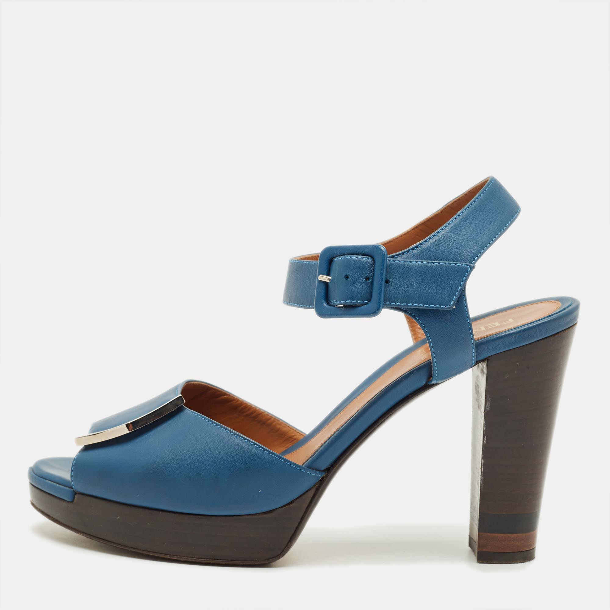 Pre-owned Fendi Blue Leather Peep Toe Platform Ankle Strap Sandals Size 39