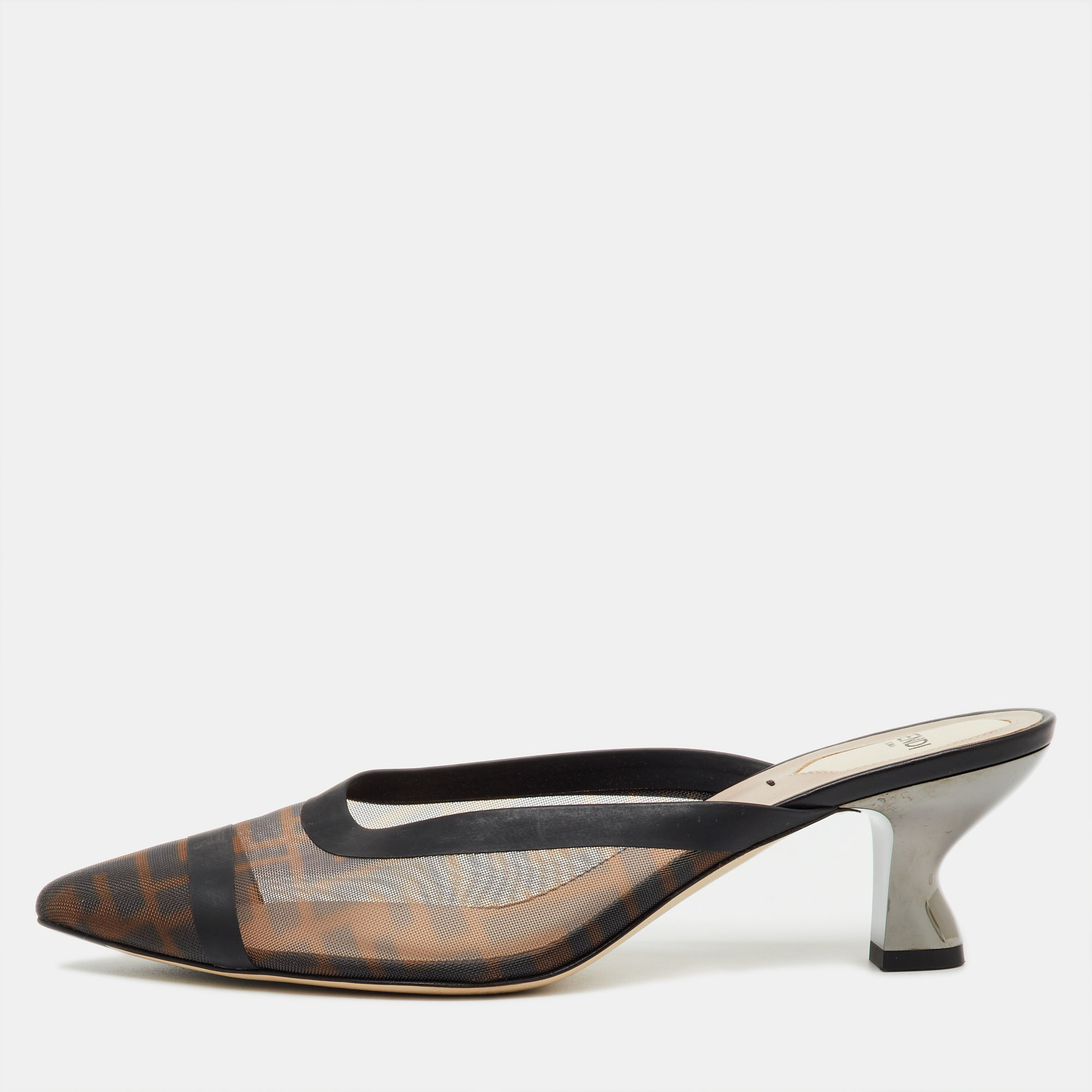 Pre-owned Fendi Brown/black Zucca Mesh And Leather Colibri Pointed Toe Mules Size 40