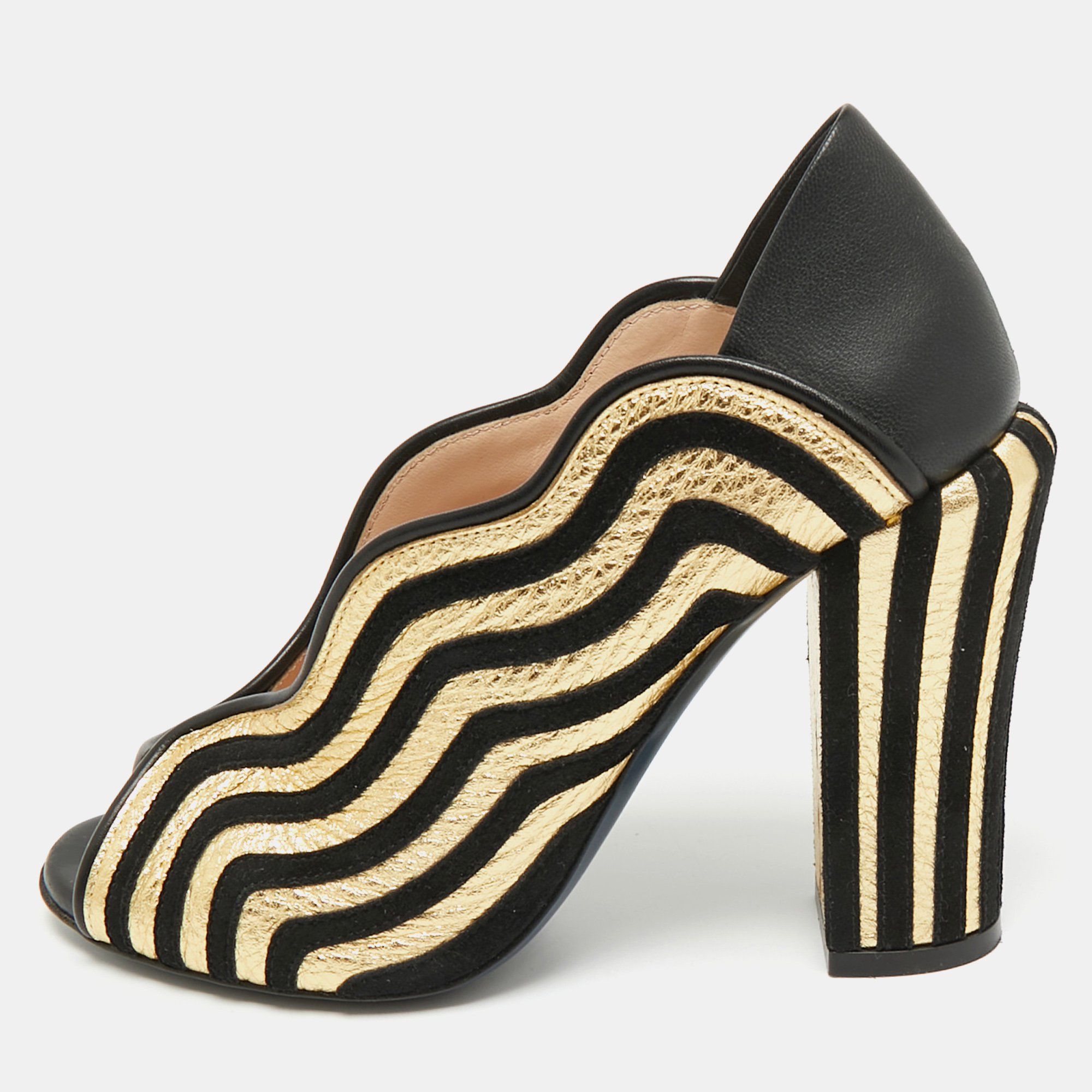 FENDI Pre-owned Black/gold Leather And Suede Block Heel Pumps Size 35.5