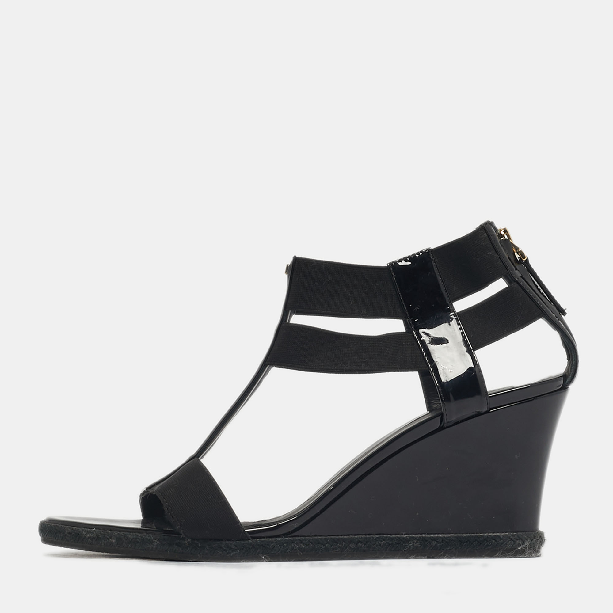 Pre-owned Fendi Size 41 Black Elastic And Patent Leather Espadrille Wedge Sandals