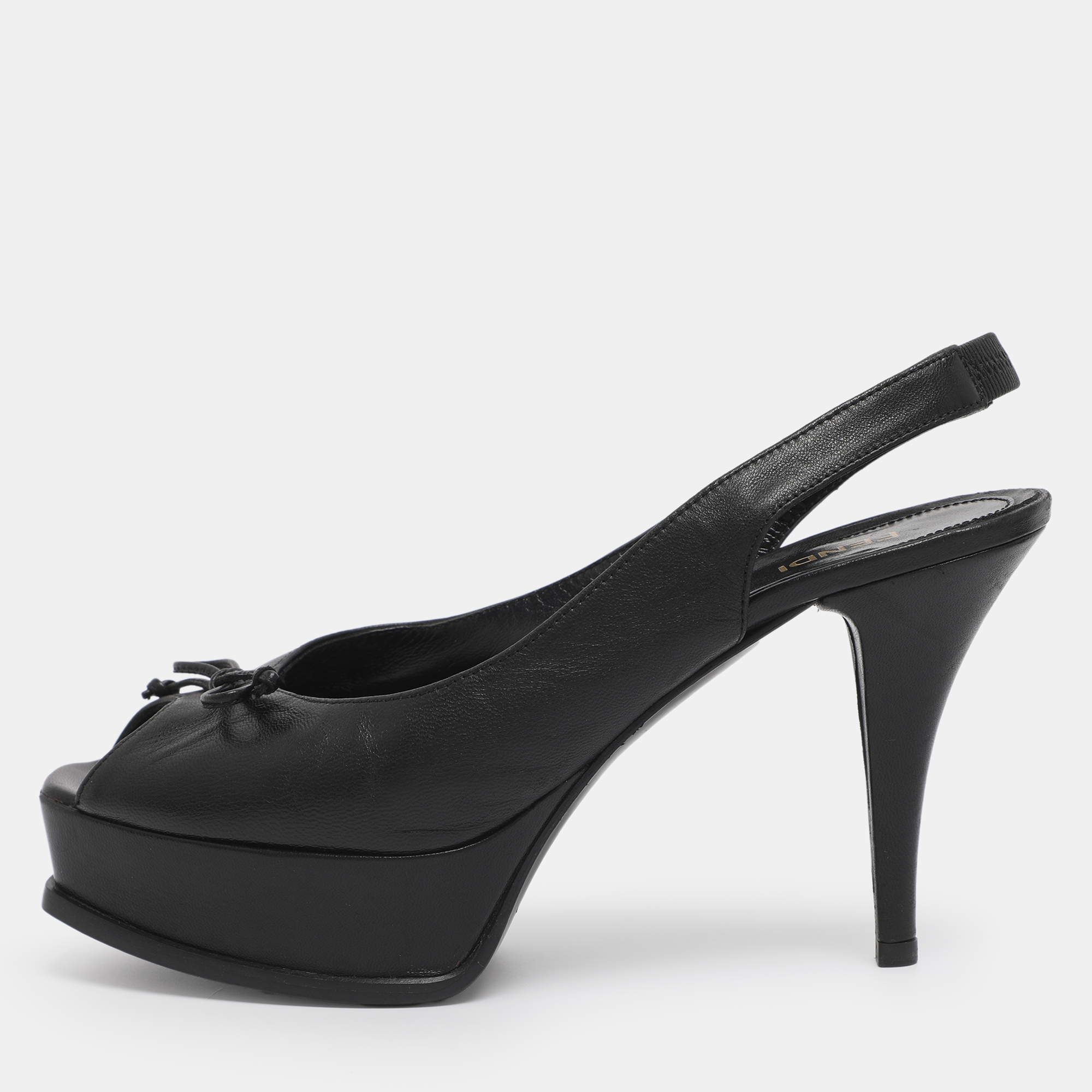 Pre-owned Fendi Sta Bow Size 39 Black Leather Slingback Platform Pumps