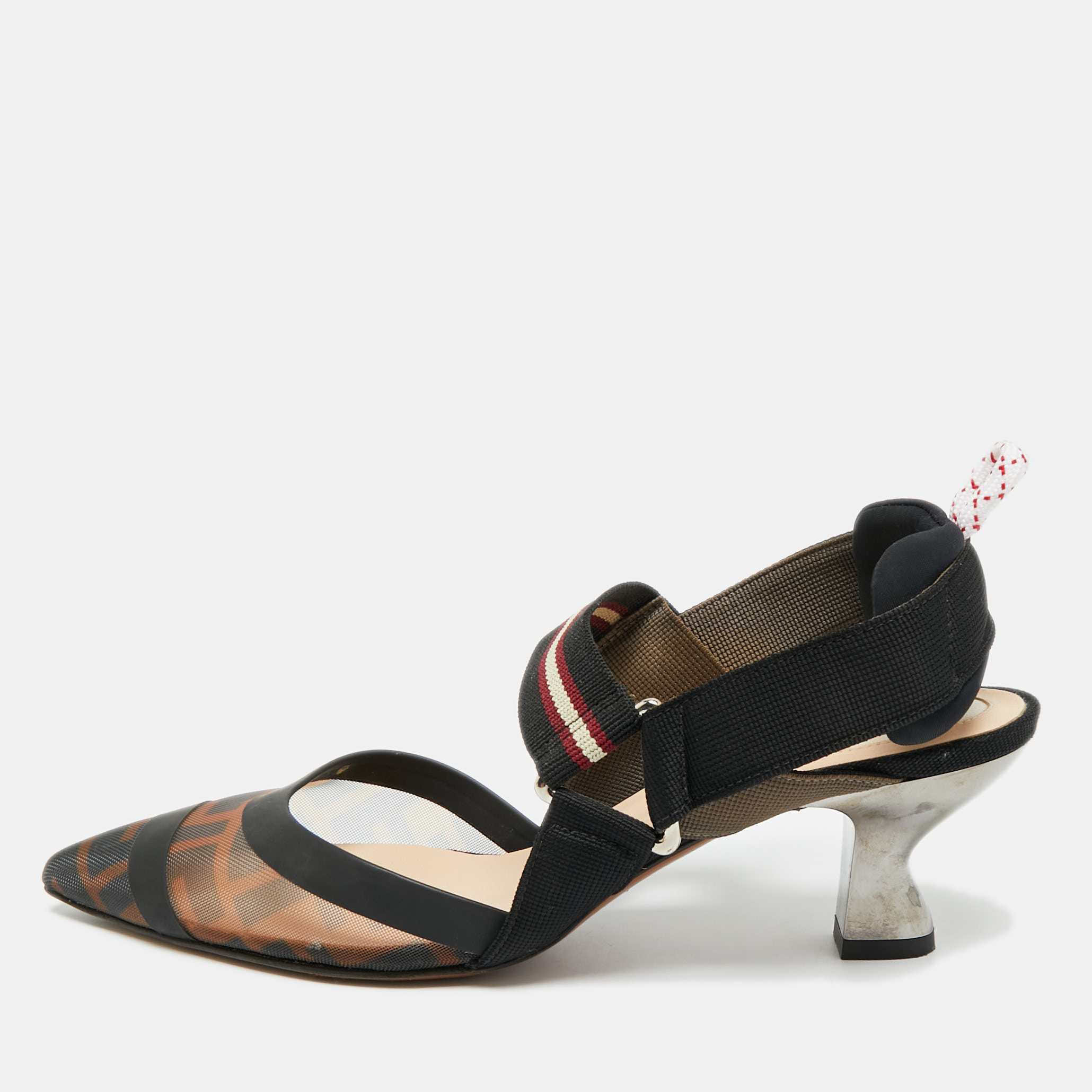 FENDI Pre-owned Colibri Size 37 Black/brown Canvas Mesh And Rubber Slingback Pumps
