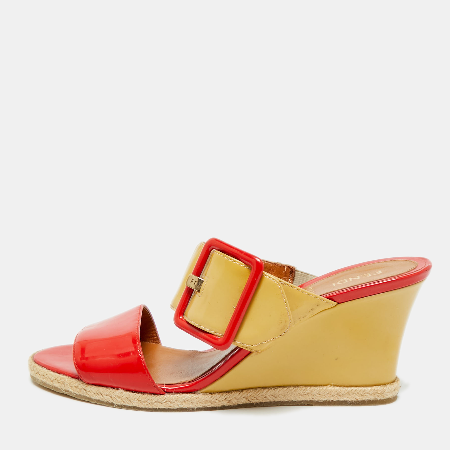 Pre-owned Fendi Size 38 Yellow Patent Leather Espadrille Wedge Slide Sandals