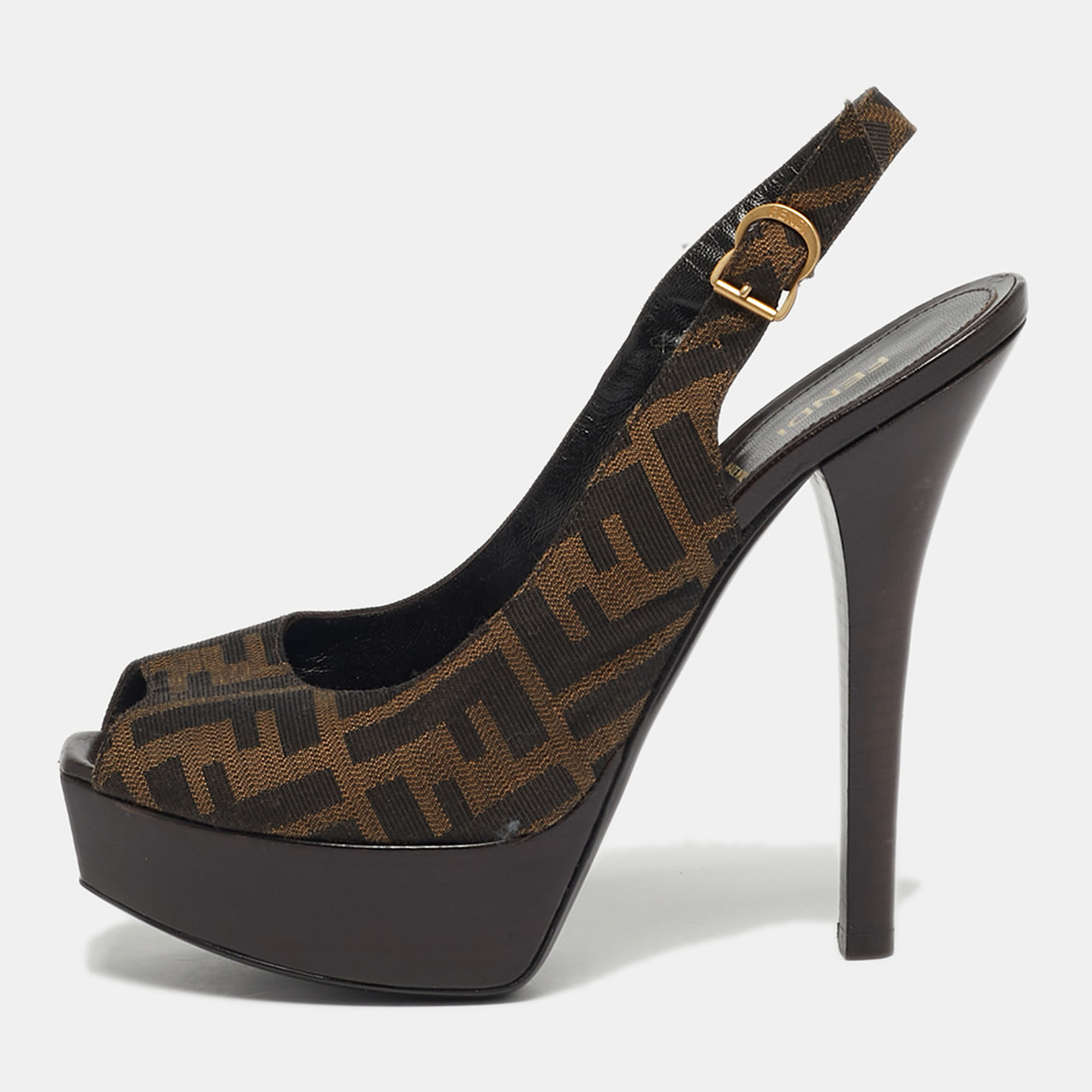 Pre-owned Fendi Sta Size 39 Tobacco Zucca Canvas Platform Slingback Sandals In Brown