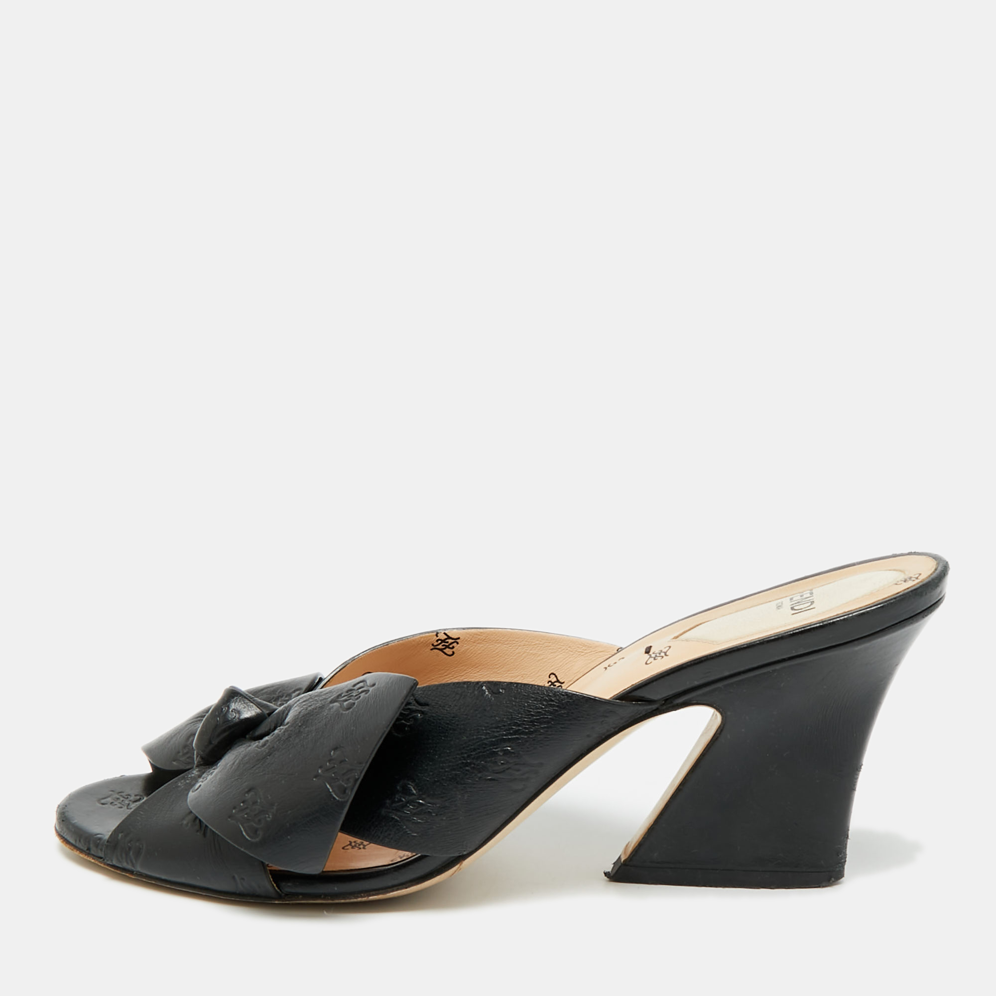 FENDI Pre-owned Ff Karligraphy Size 39 Black Leather Bow Slide Sandals