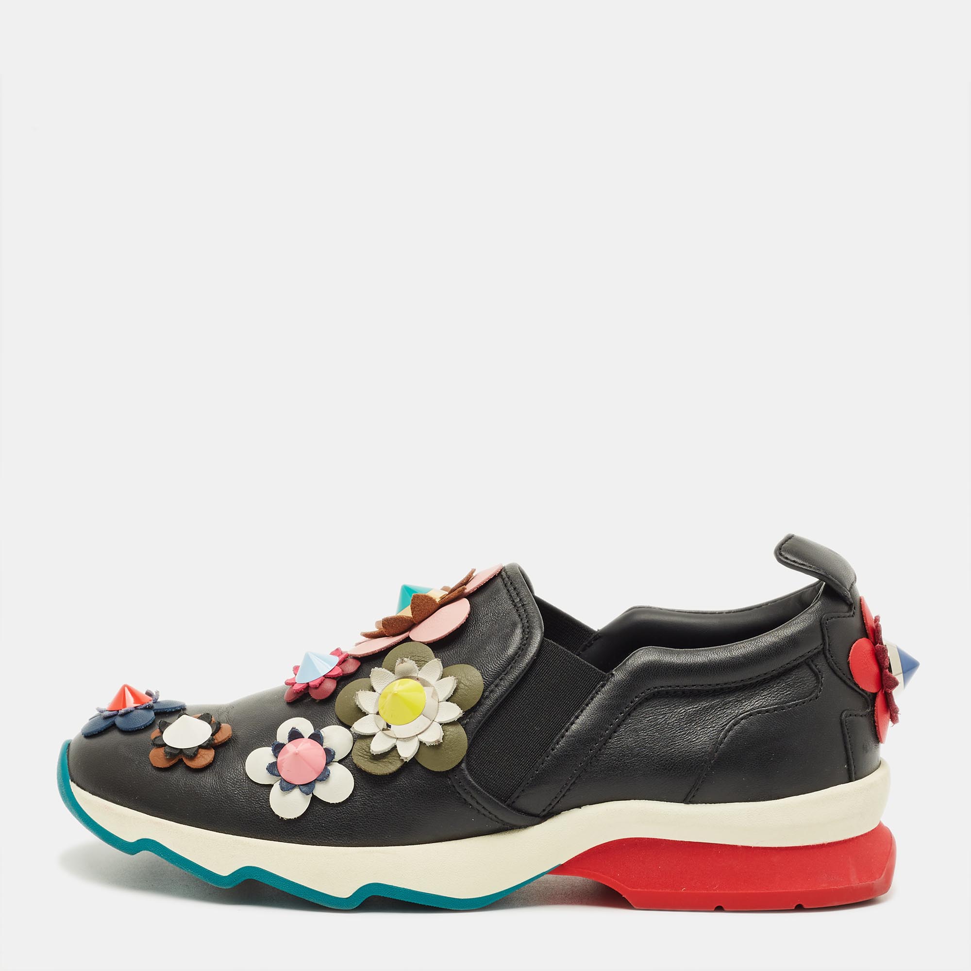 Pre-owned Fendi Flowerland Size 37 Black Leather Slip On Sneakers