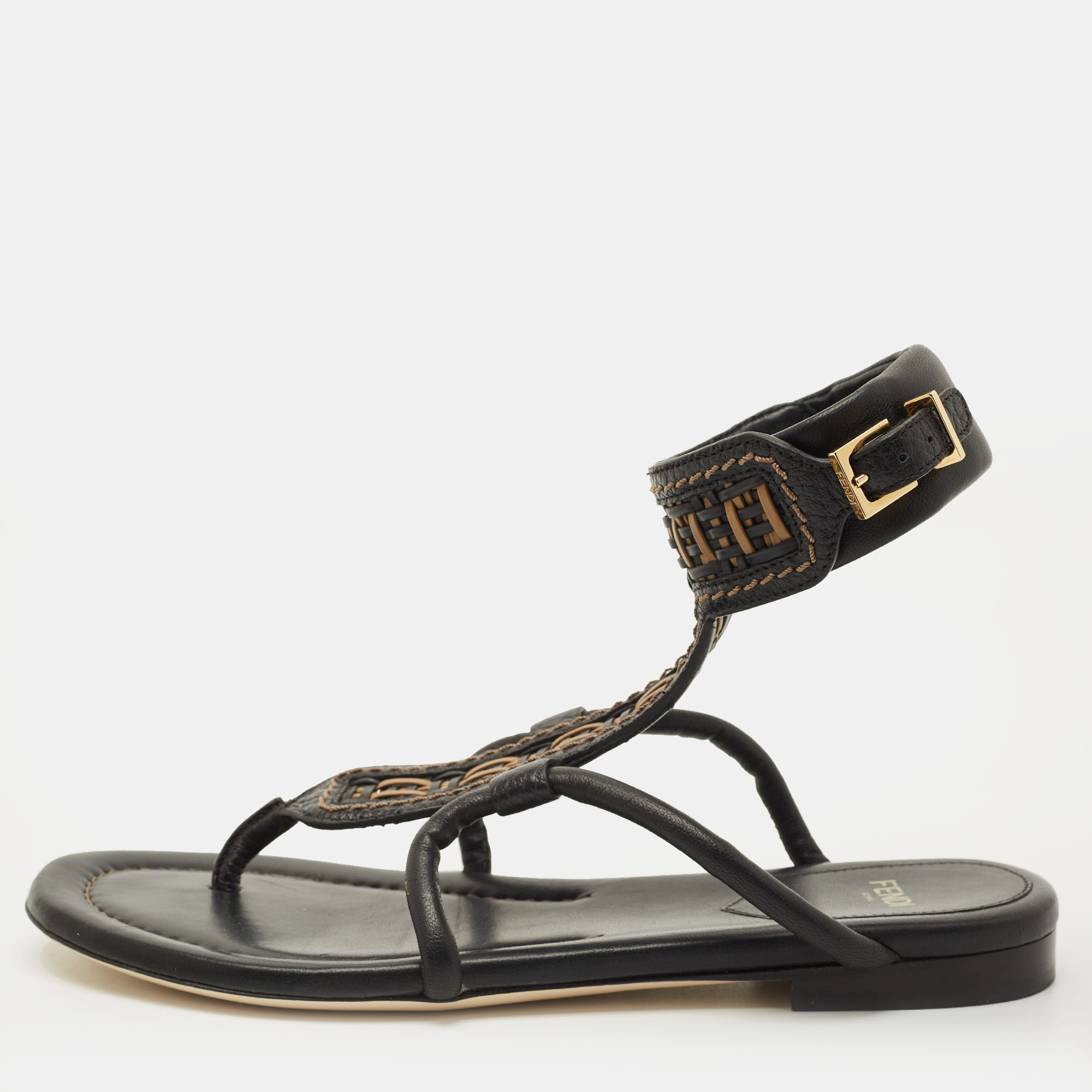 Pre-owned Fendi Size 35 Black/brown Leather Ankle Strap Flat Sandals