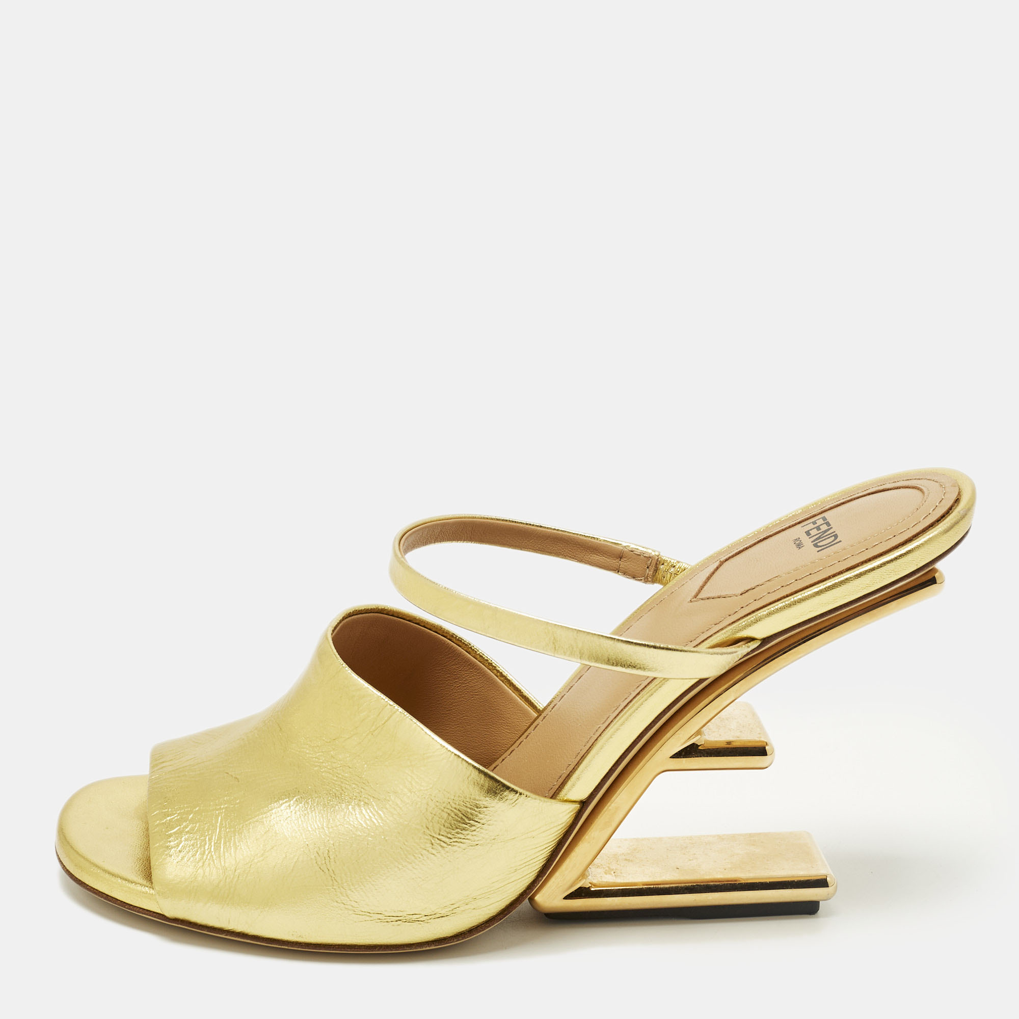 

Fendi Gold Fendi First Size  Leather Slide Sandals