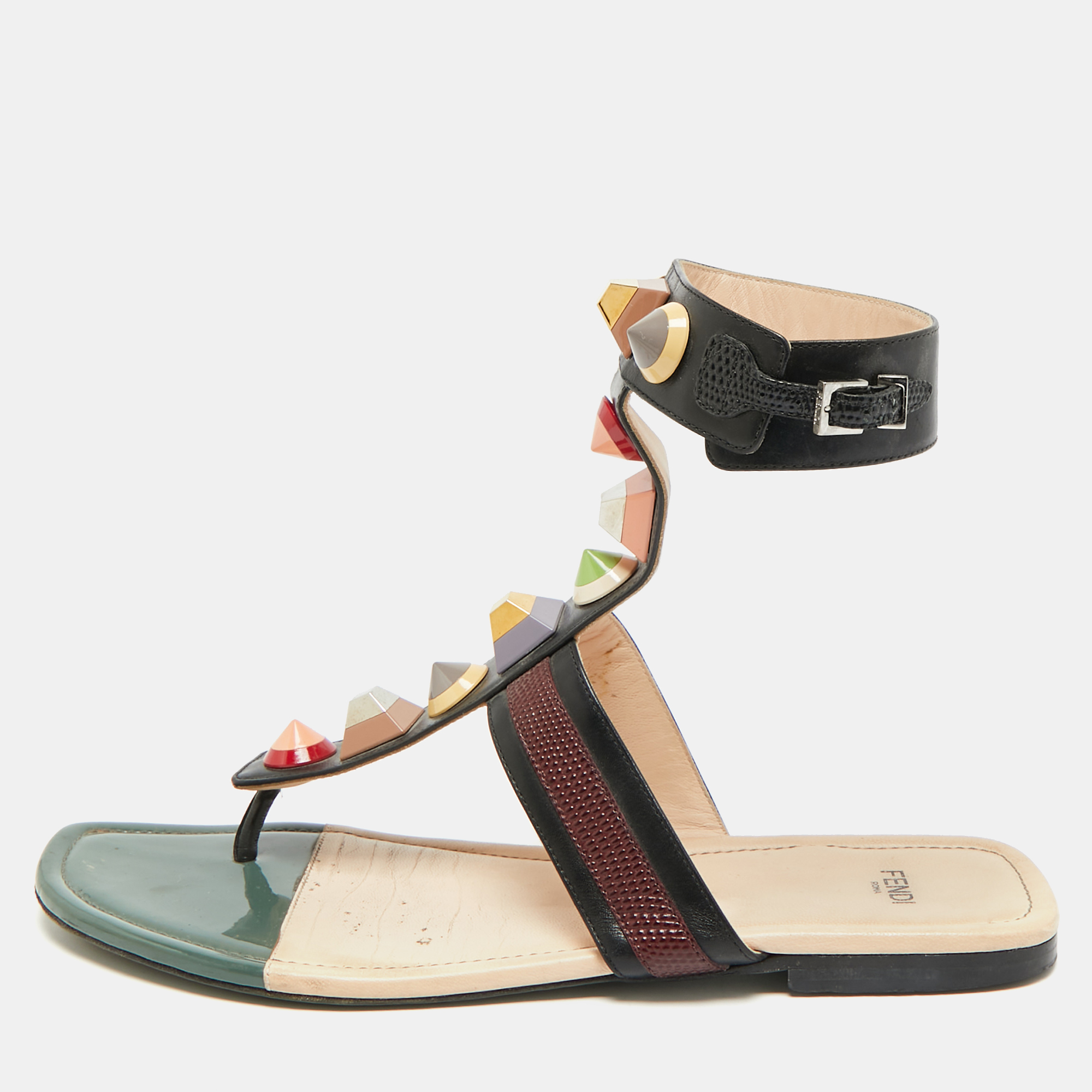 Pre-owned Fendi Size 41 Multicolor Leather Studded Ankle Cuff Flat Sandals