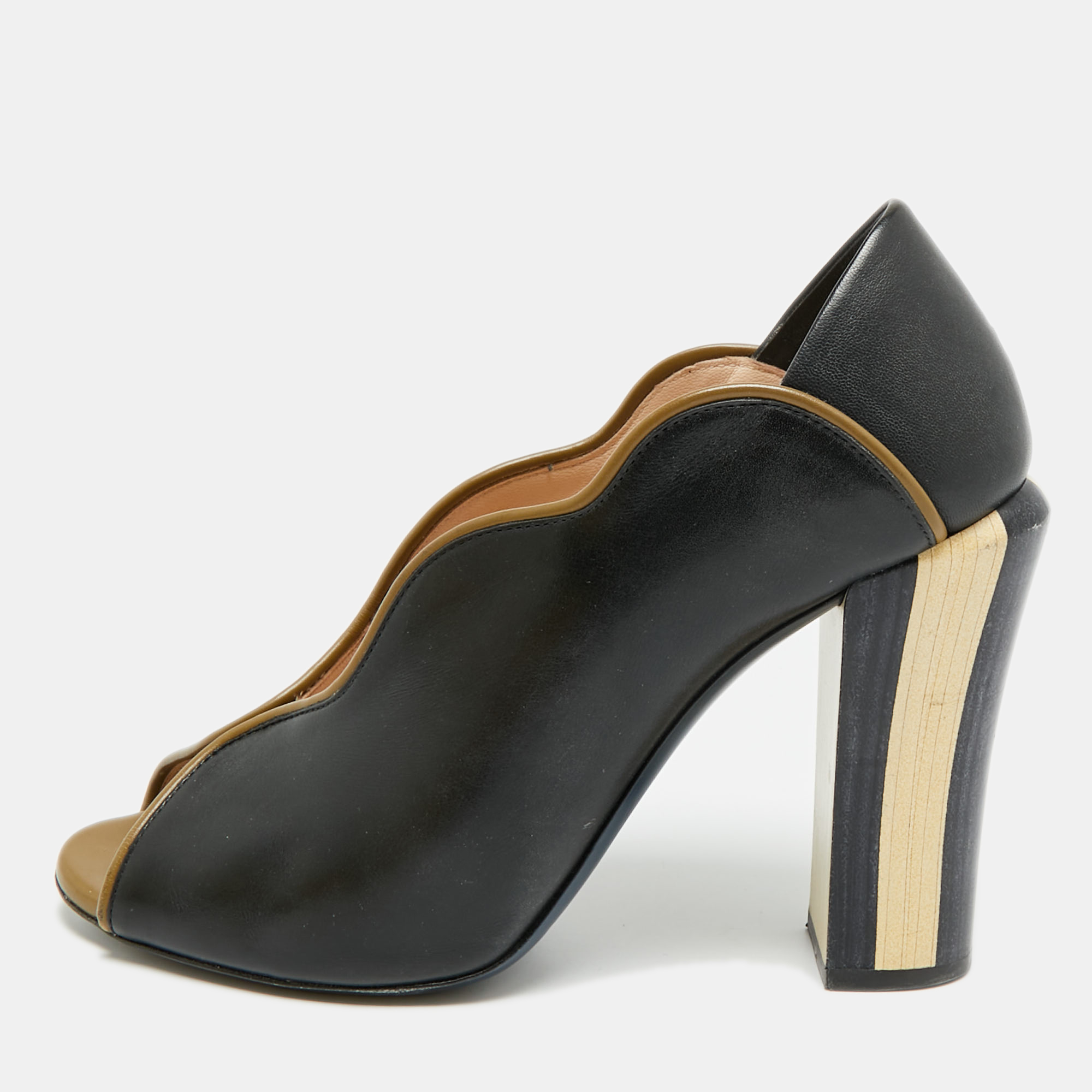 Pre-owned Fendi Scallop Lined Size 38.5 Dark Blue/green Leather Peep Toe Pumps