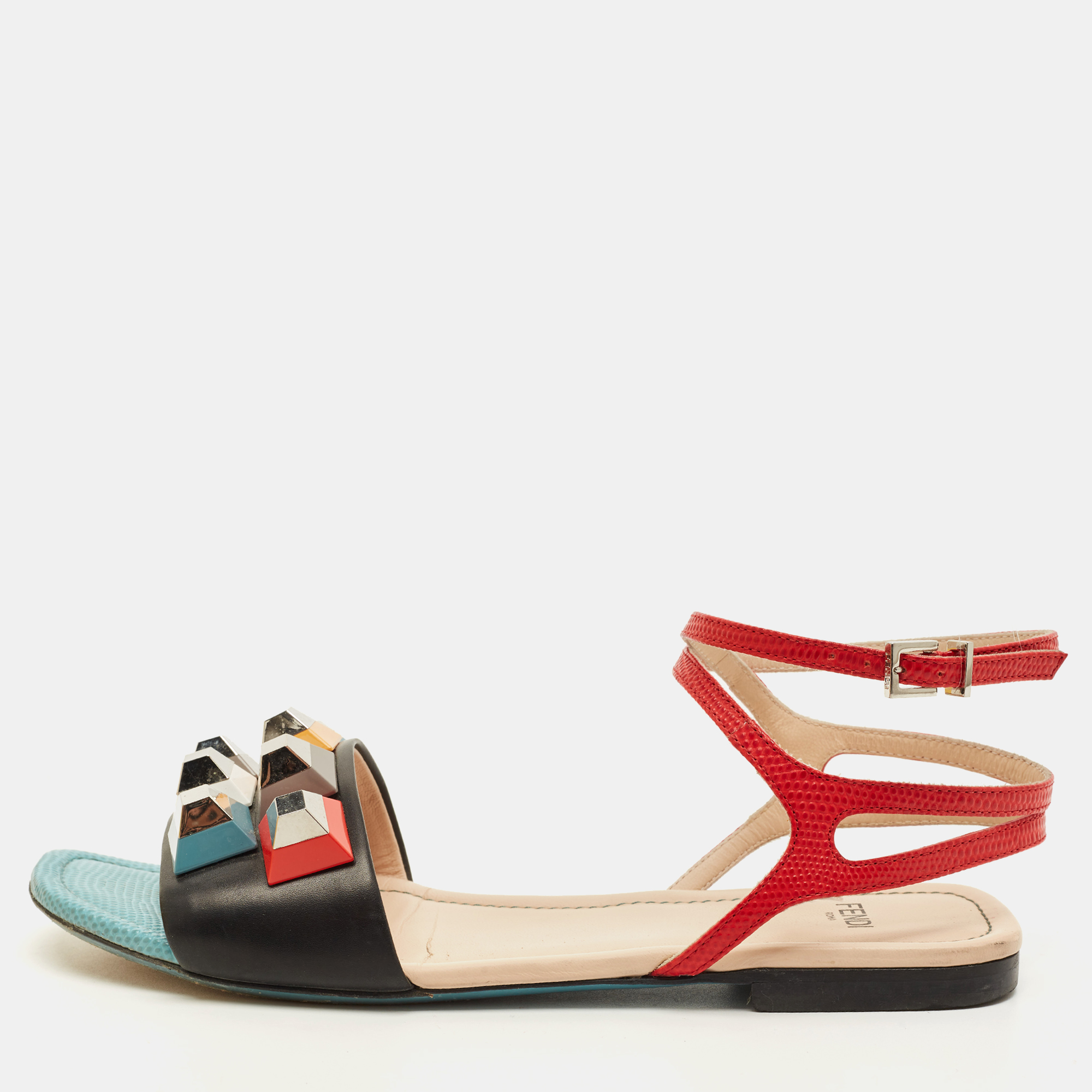

Fendi Fantasia Size  Multicolor Leather Ankle Strap Flat Sandals
