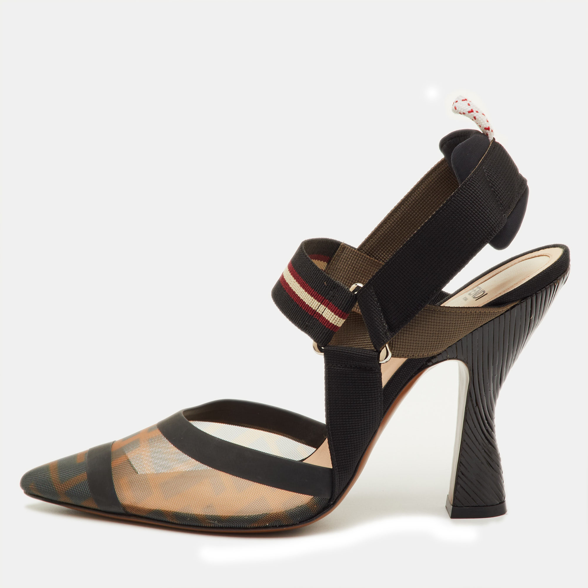 

Fendi Colibri Size  Brown/Black Zucca Mesh and Fabric Pointed Toe Slingback Pumps