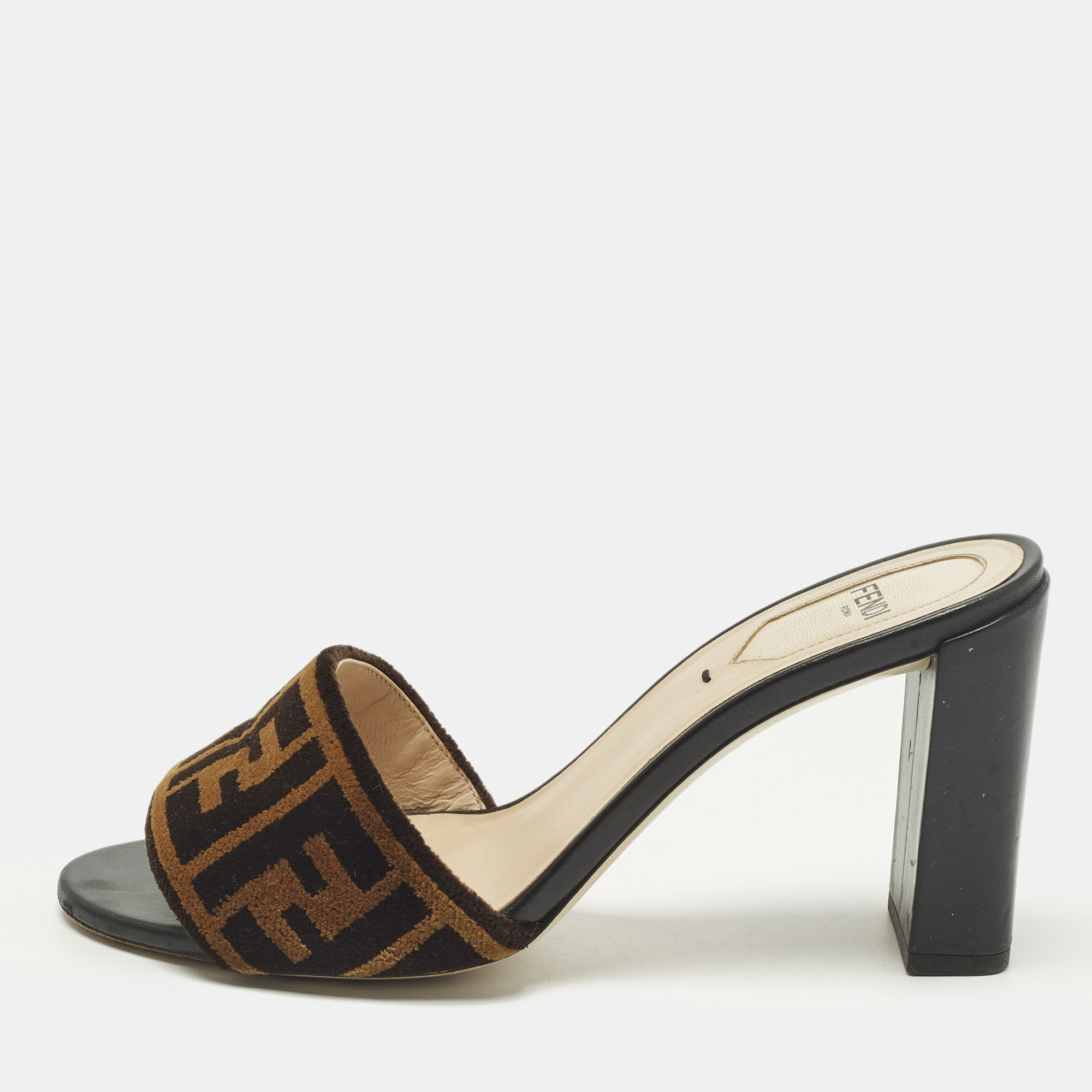 Pre-owned Fendi Ff Size 37.5 Brown Leather And Velvet Ff Logo Slide Sandals