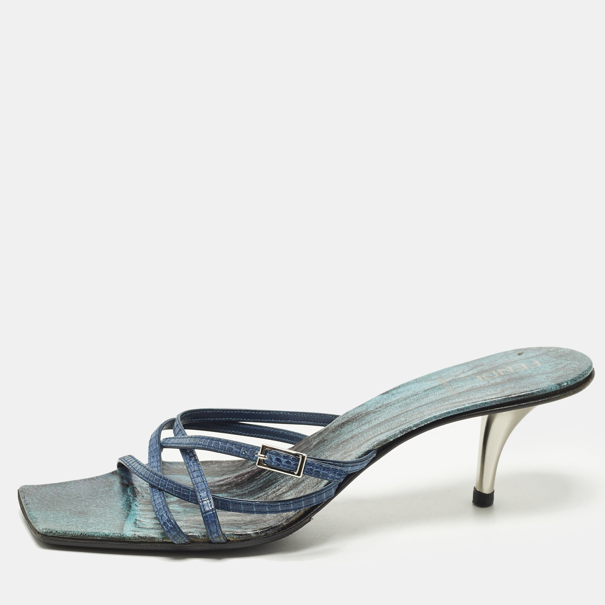 Pre-owned Fendi Size 39.5 Blue Leather And Lizard Embossed Leather Strappy Slide Sandals