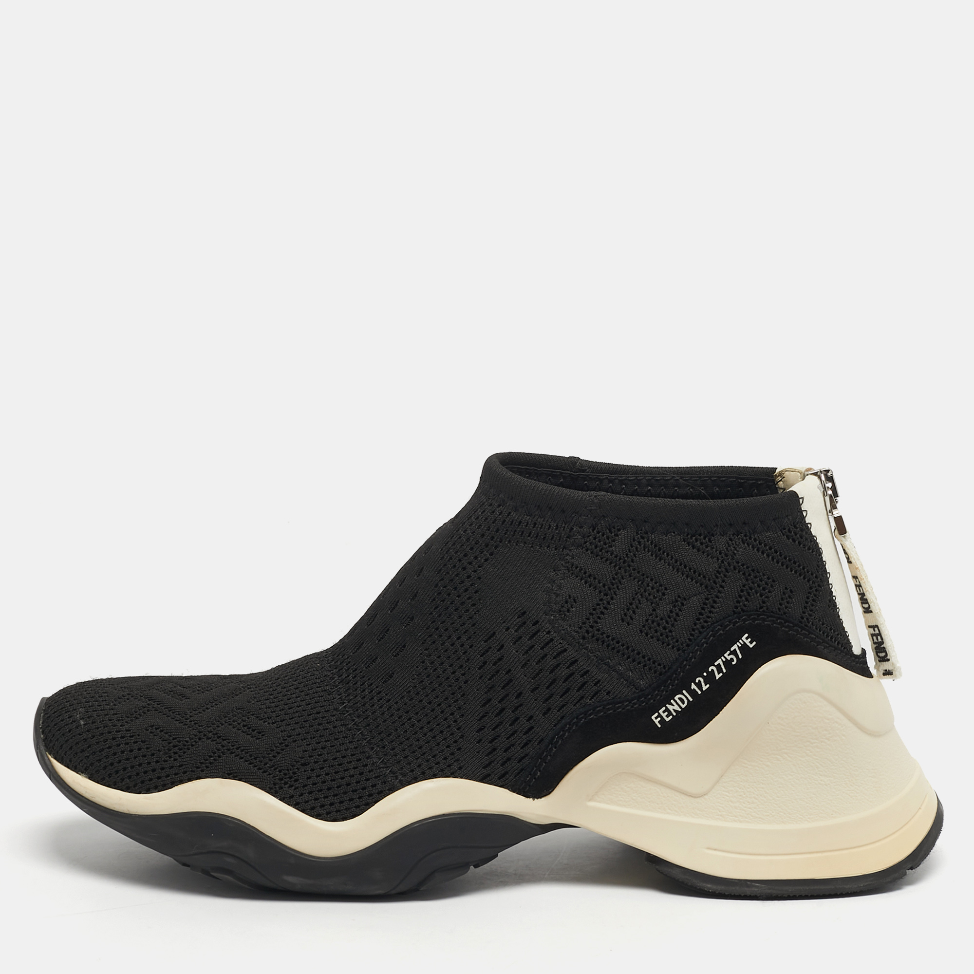 Pre-owned Fendi Ffluid Size 40 Black Knit Fabric And Suede High Top Sneakers