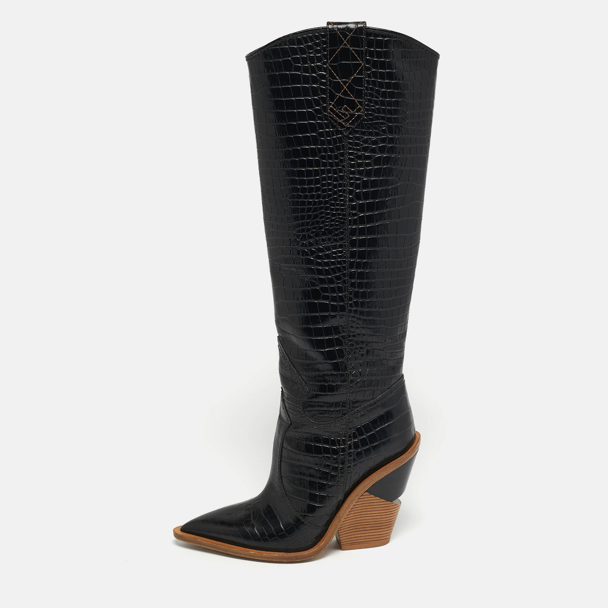 

Fendi Cowboy Size  Black Croc Embossed Leather Knee Length Boots