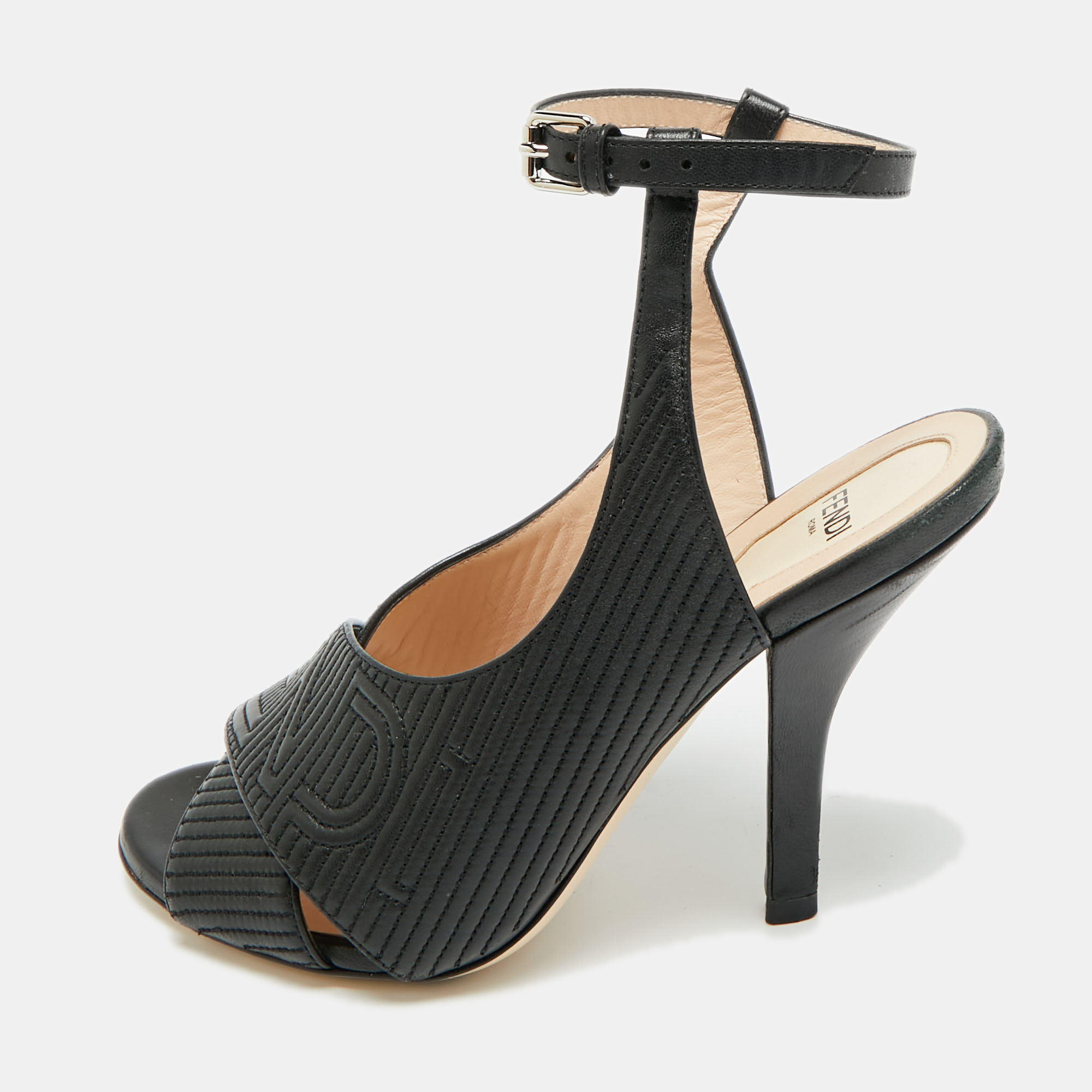 Pre-owned Fendi Size 37 Black Leather Ankle Strap Sandals