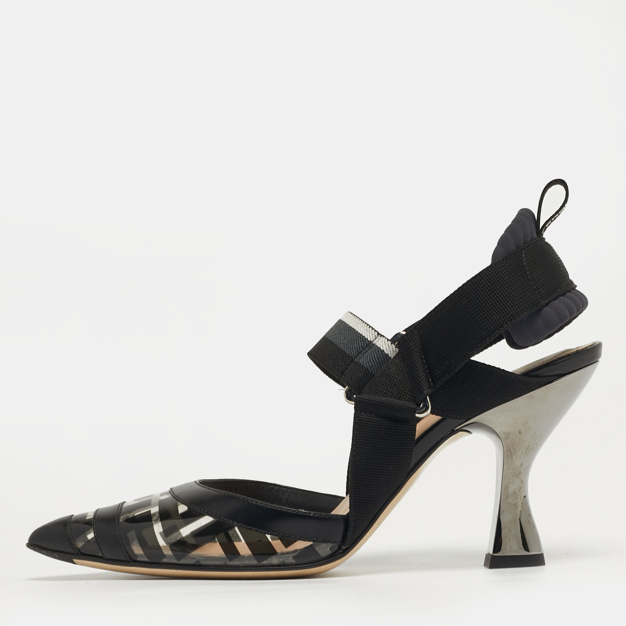 Pre-owned Fendi Colibri Size 36 Black/white Pvc And Leather Slingback Pumps