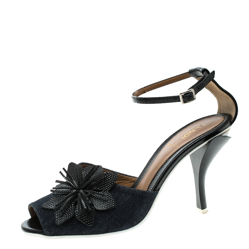 Fendi Dark Wash Denim  Floral Leather Embellished Peep Toe Ankle Strap Sandals Size 37