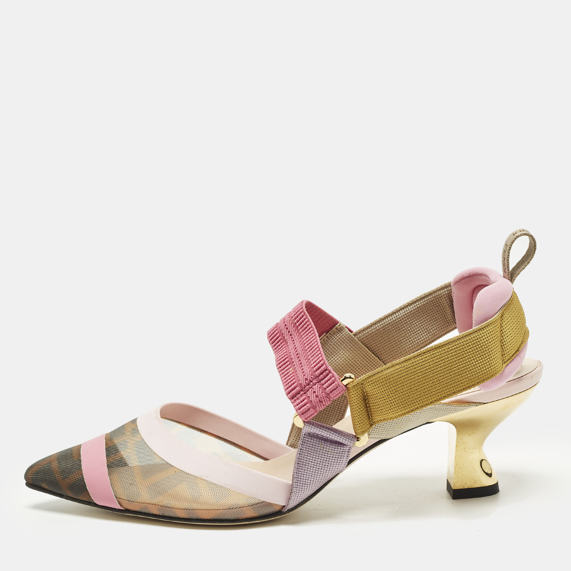 

Fendi Colibri Size  Multicolor Zucca Canvas and Mesh Slingback Pumps