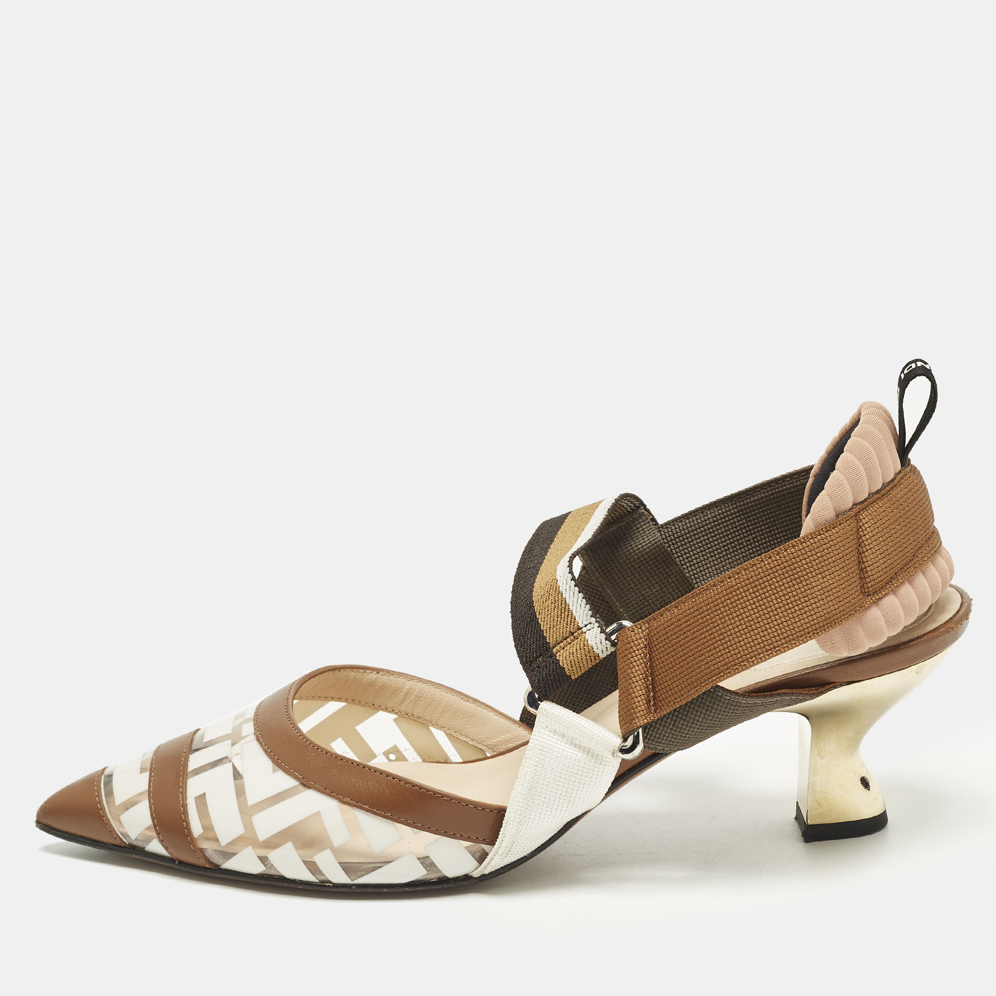 

Fendi Colibri Size  Zucca Brown/White Leather and PVC Slingback Pumps