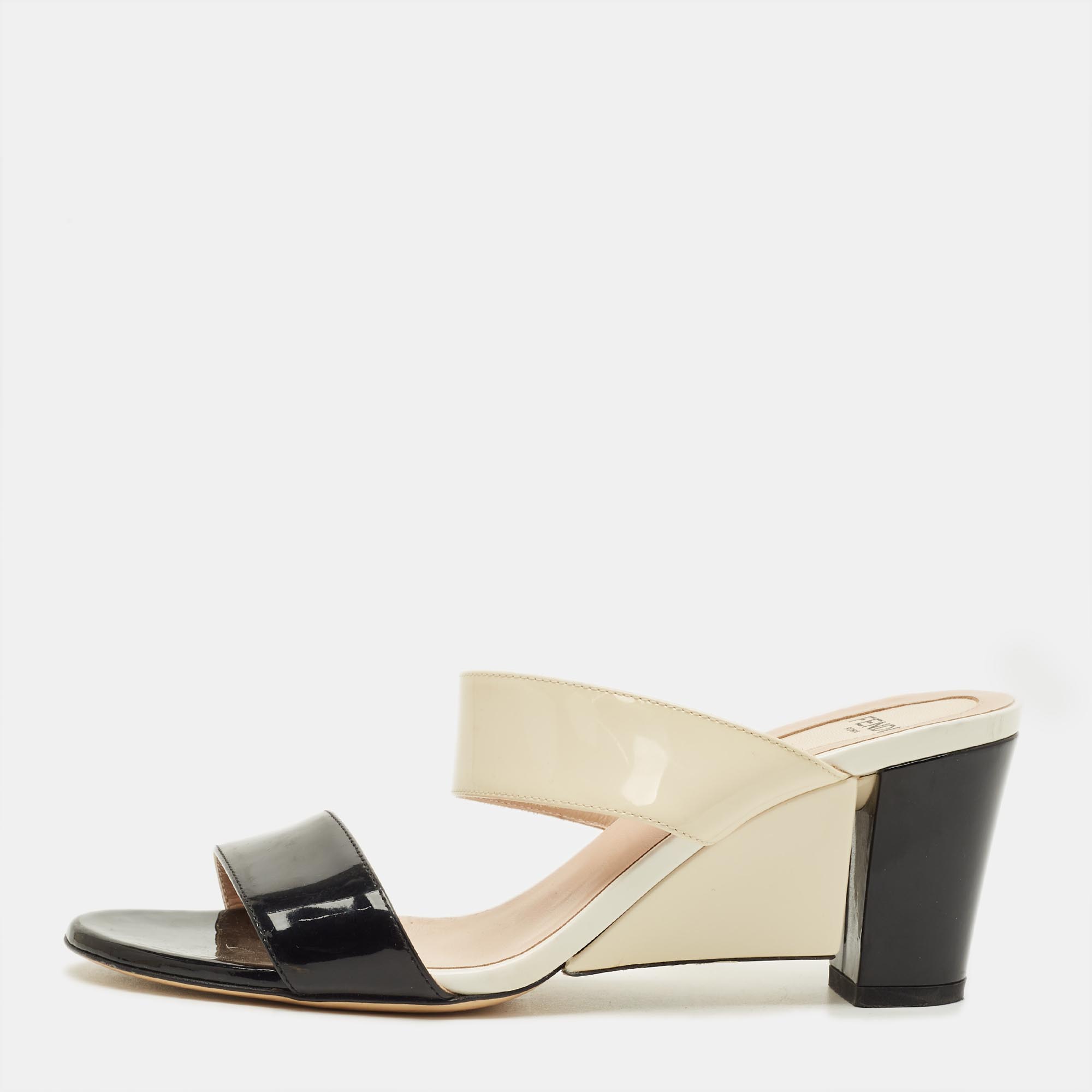 

Fendi Size  Tricolor Patent Leather Wedge Sandals, Cream