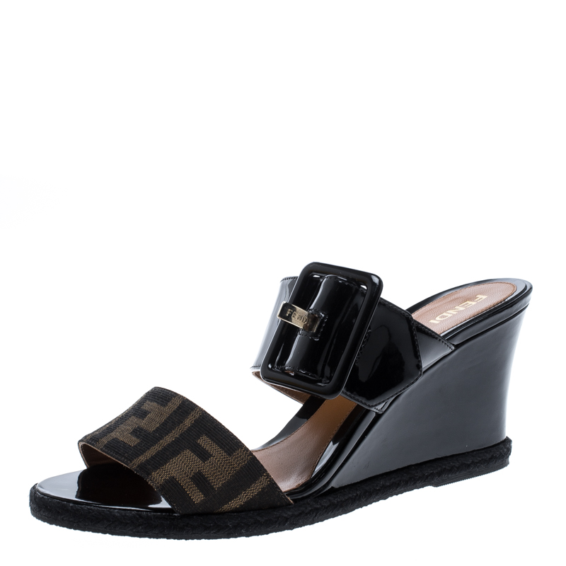 Pre Owned Fendi Black Patent Leather And Zucca Canvas Demi Wedge Slides Size 37.5