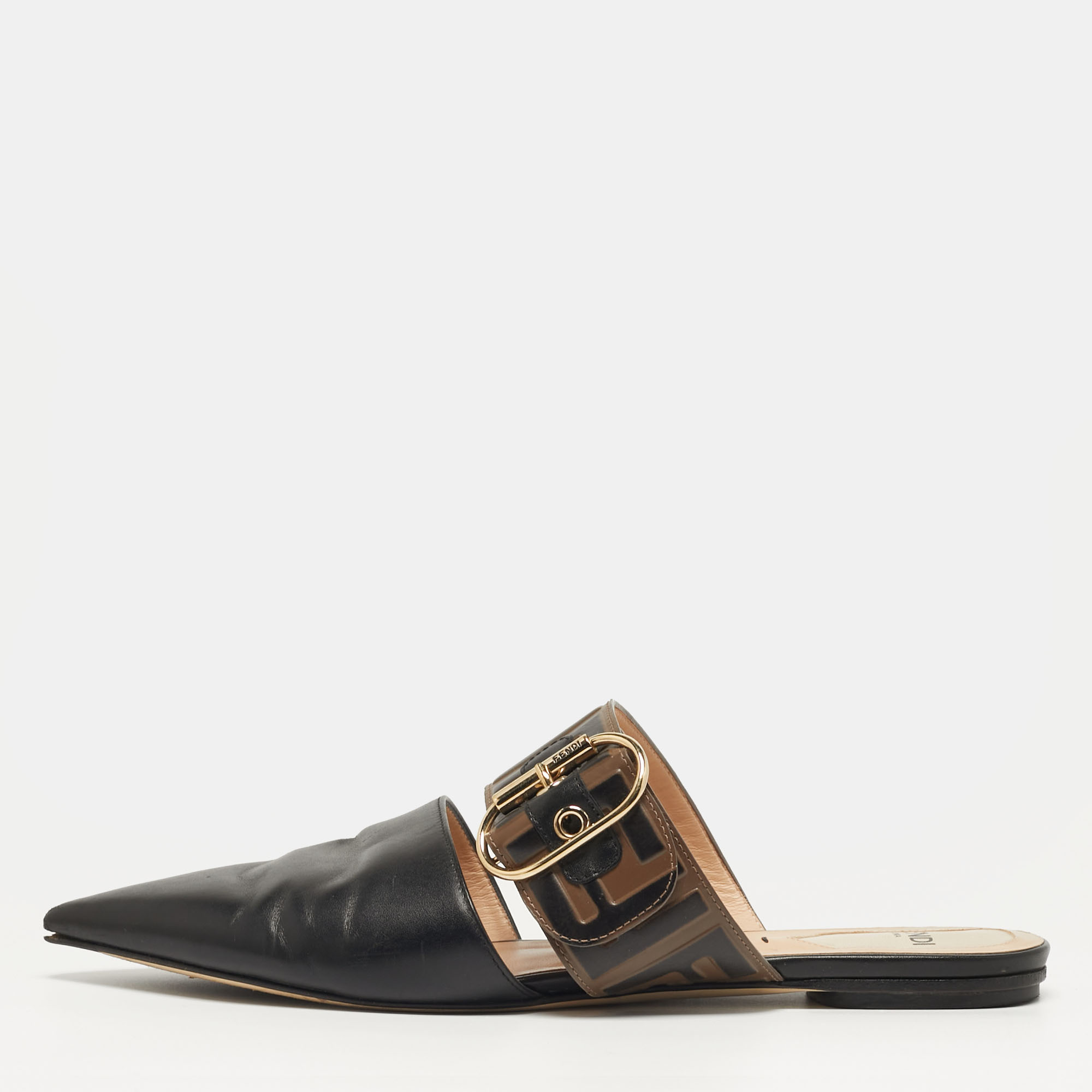 

Fendi Signature Size  Black/Brown Zucca Leather Flat Mules