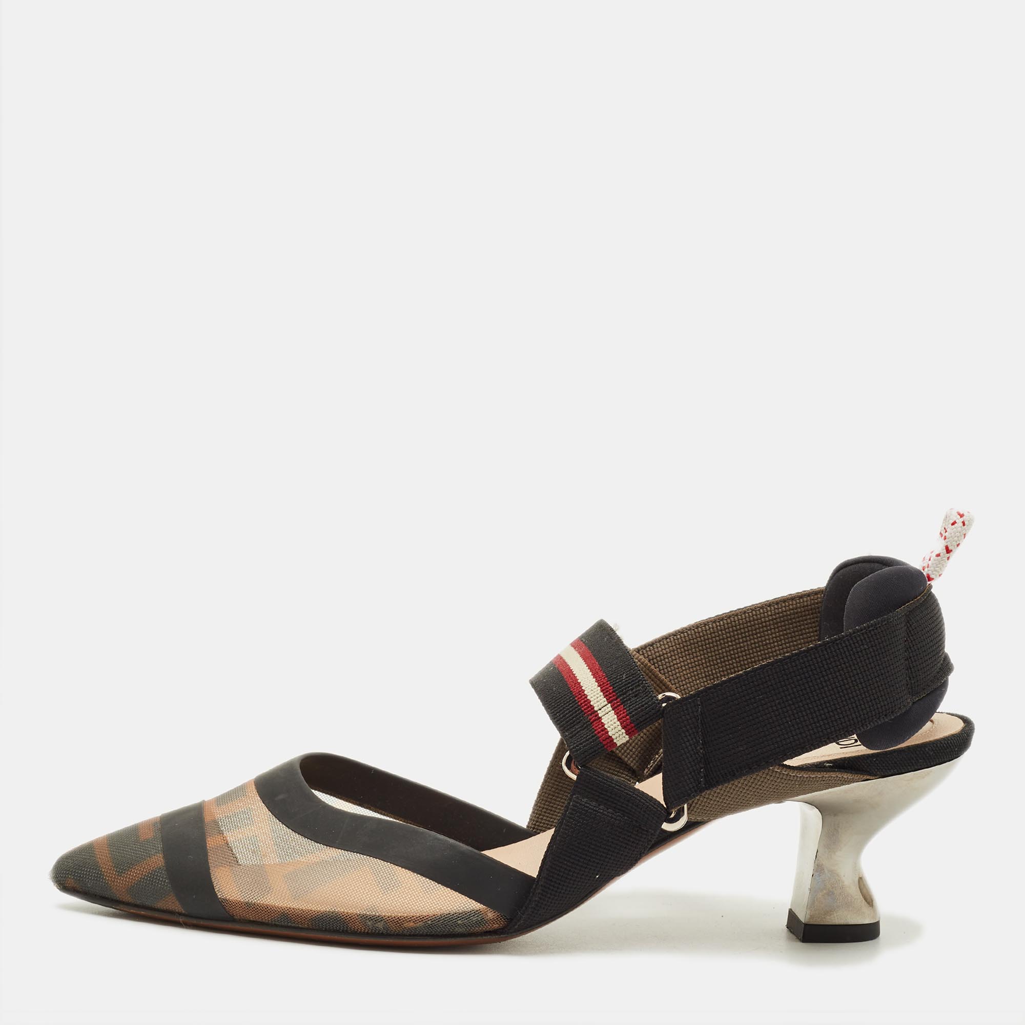 

Fendi Colibri Size  Brown/Black Zucca Canvas and Mesh Slingback Pumps